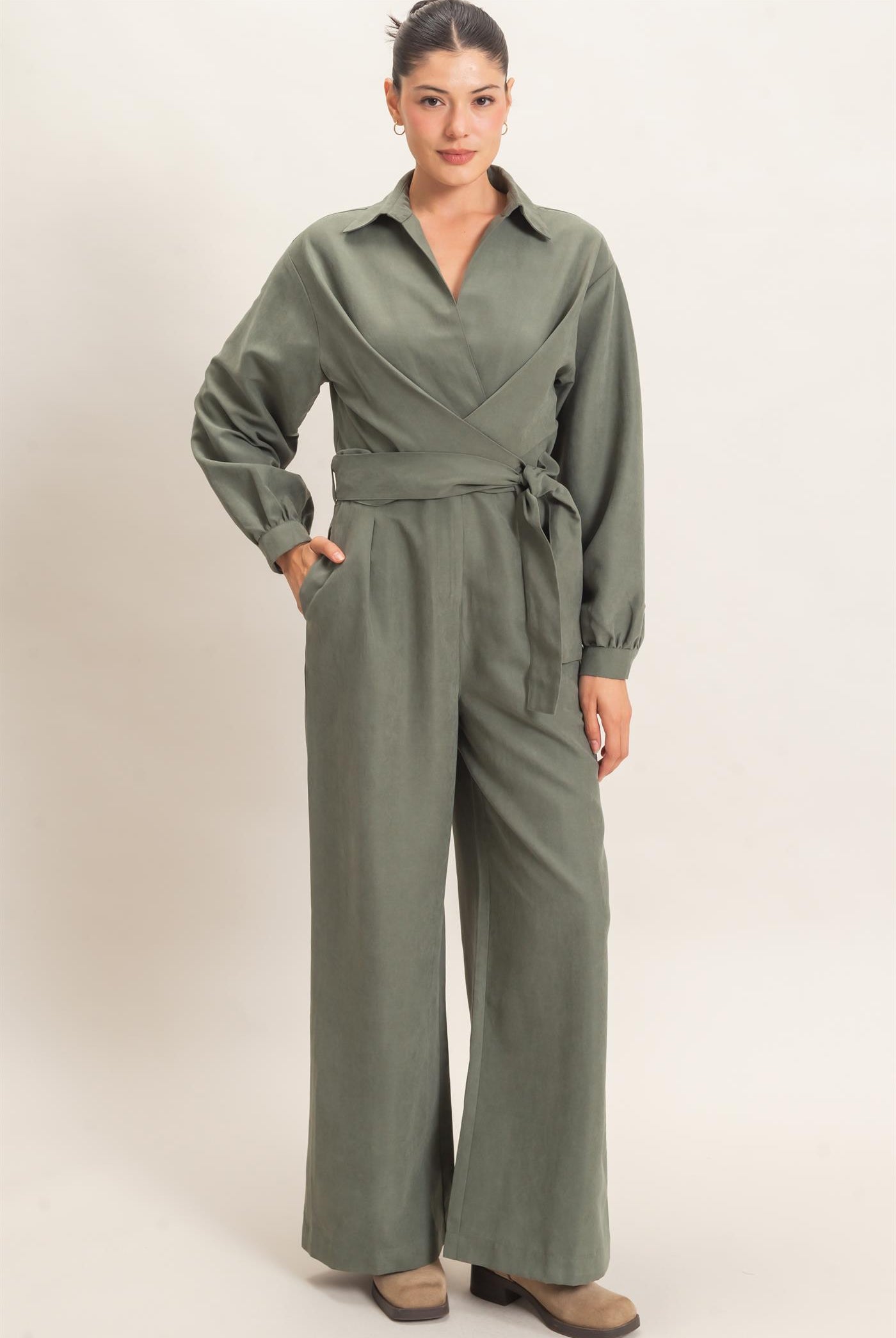 Wholesale Collared Wrap Suede Jumpsuit Clothing HF26C905 FOREST GREEN HYFVE
