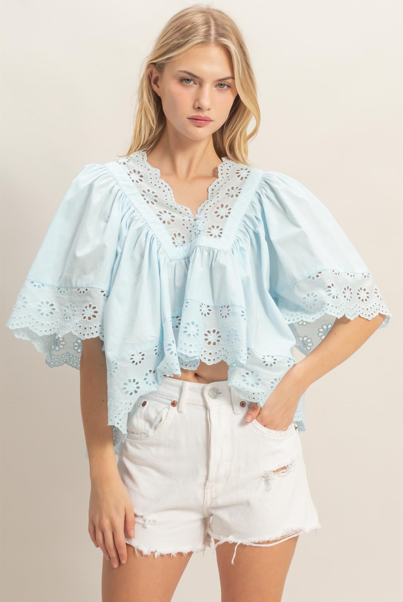 Wholesale Scalloped Eyelet Babydoll Top Clothing Tops HF26C293 LIGHT BLUE HYFVE