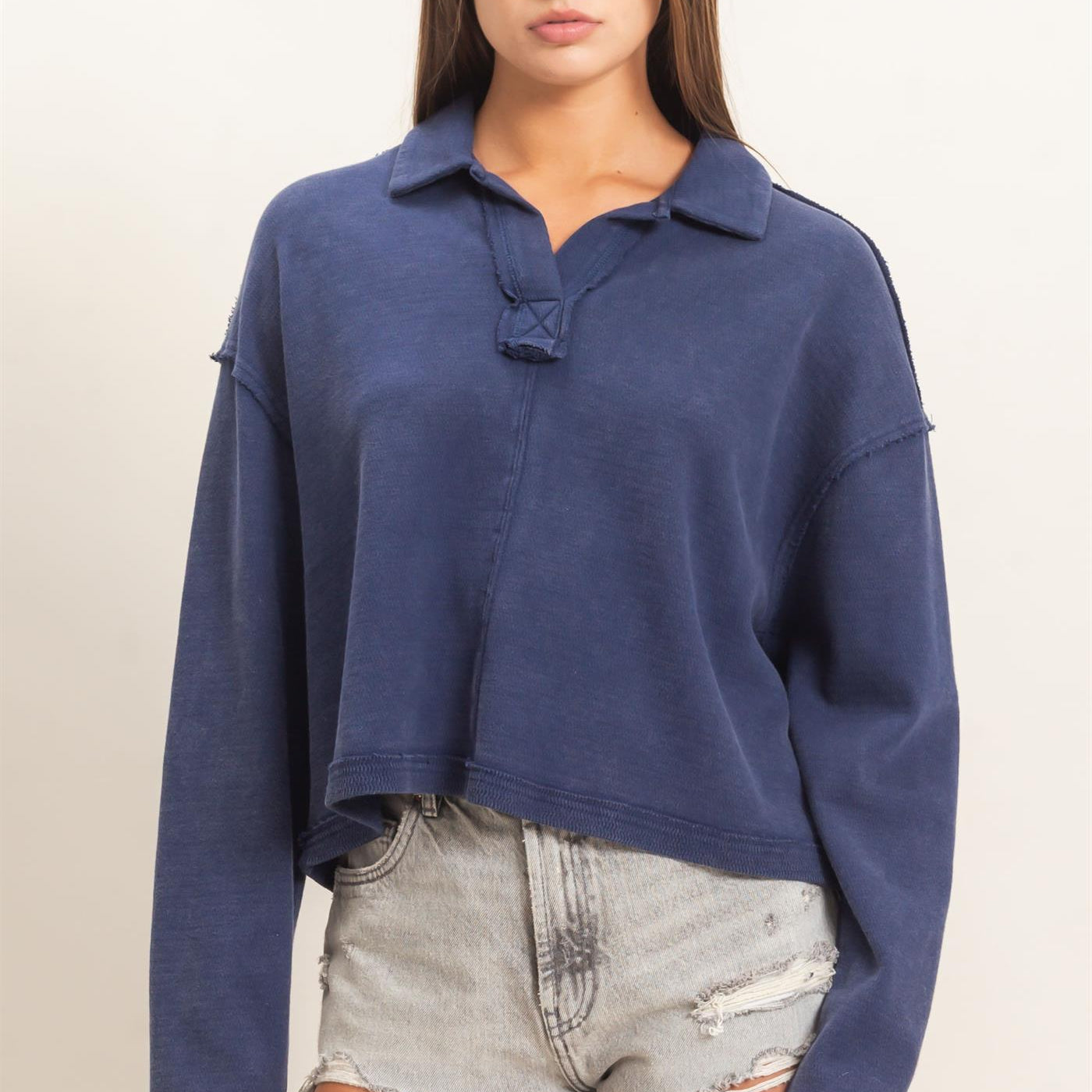 Wholesale Mineral Wash Textured Collar Top Polos DZ26E814 NAVY DOUBLE ZERO