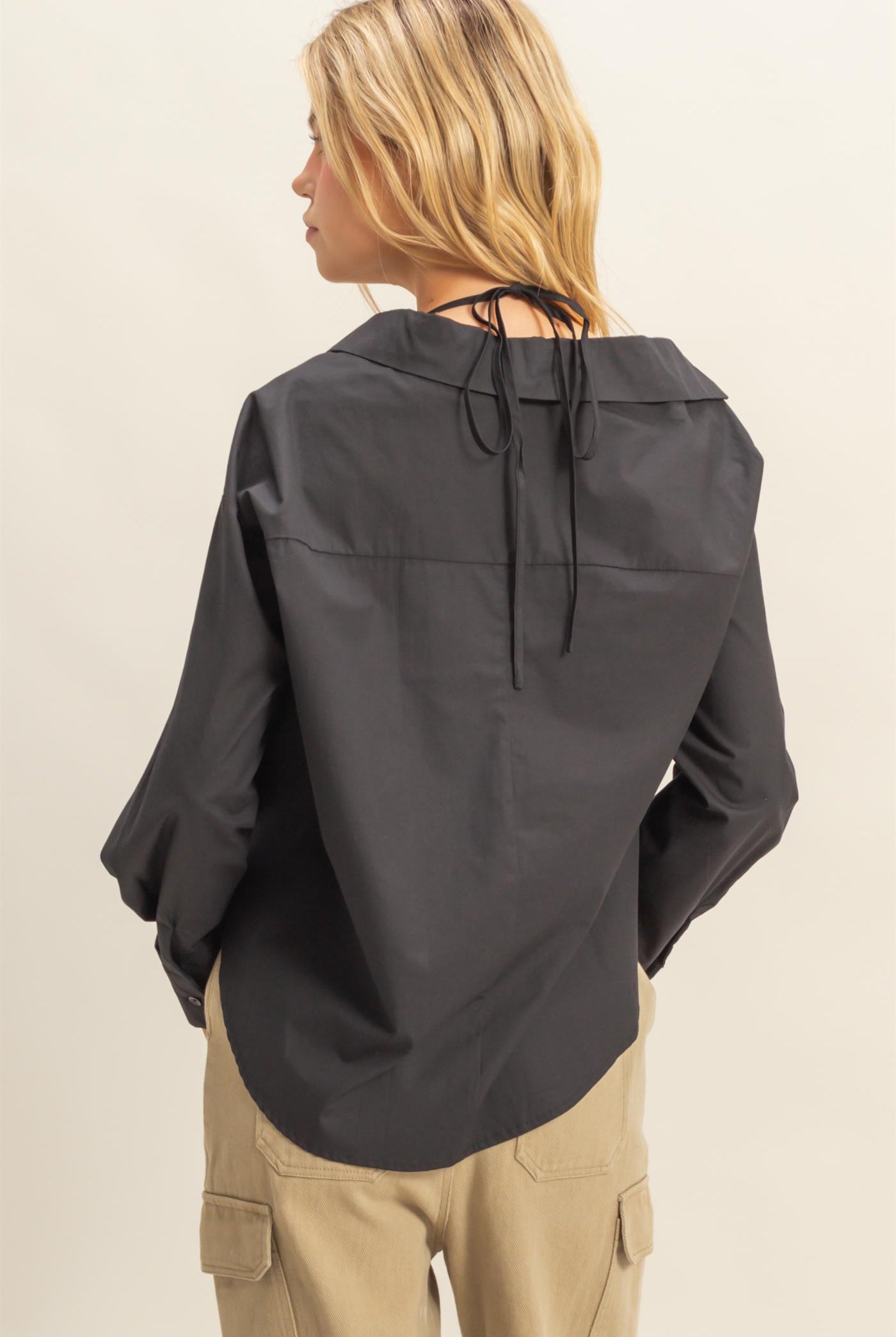 Wholesale Off-The-Shoulder Asymmetrcal Button-Up Shirt Clothing Tops HF22G139 BLACK HYFVE