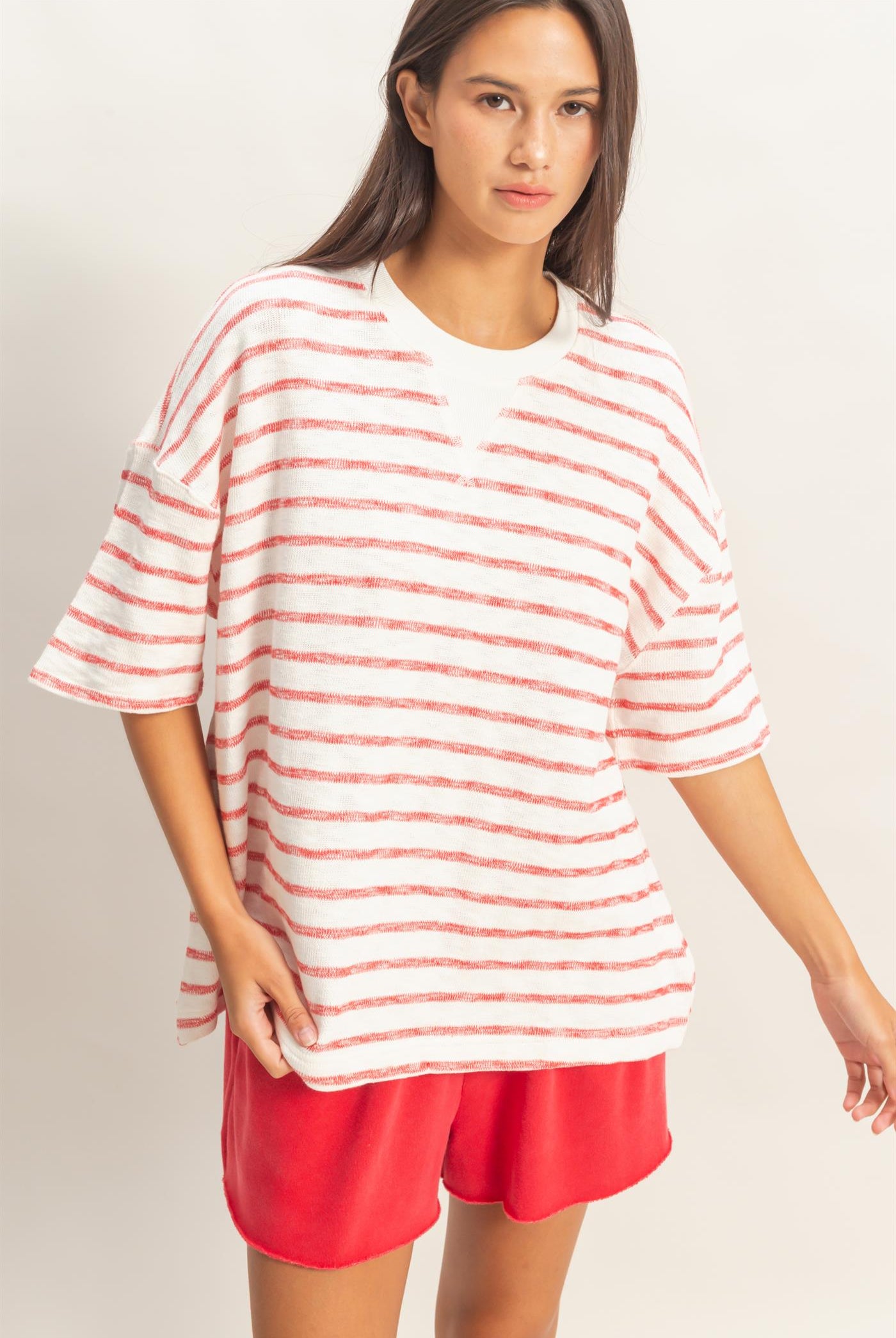 Wholesale Oversized Striped V-Stitch Short Sleeve Top Clothing Tops DZ26A455 RED DOUBLE ZERO