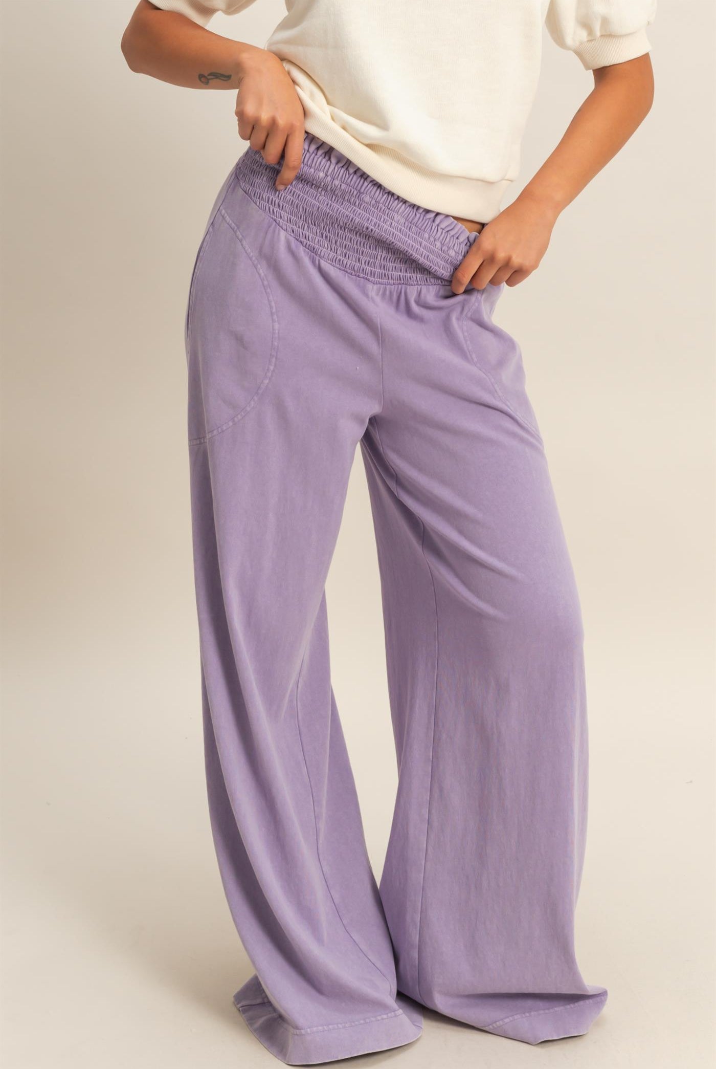 Wholesale Mineral Washed Wide-Leg Smocked Waist Pants Pants DZ26A249 DUSTY PURPLE DOUBLE ZERO
