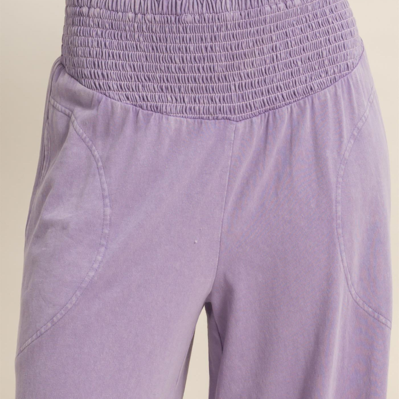 Wholesale Mineral Washed Wide-Leg Smocked Waist Pants Pants DZ26A249 DUSTY PURPLE DOUBLE ZERO