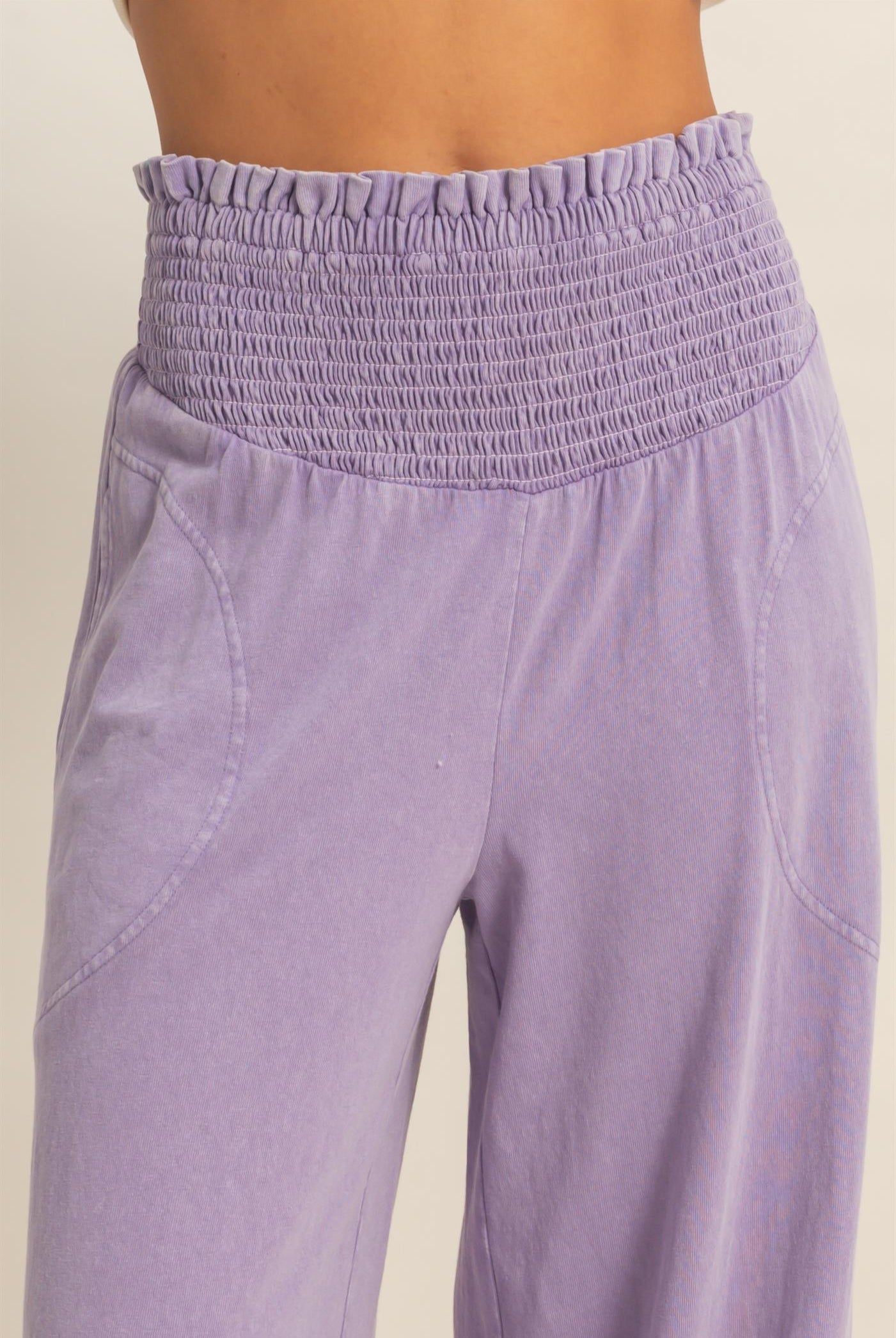 Wholesale Mineral Washed Wide-Leg Smocked Waist Pants Pants DZ26A249 DUSTY PURPLE DOUBLE ZERO