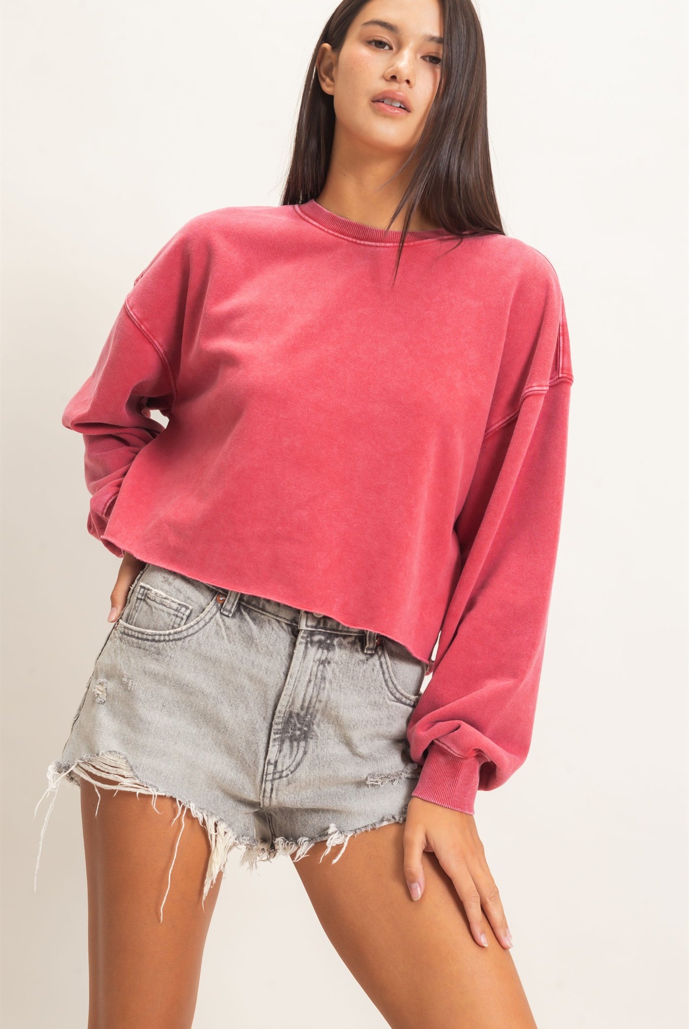 Wholesale Mineral Wash Raw Hem Cropped Sweatshirt Sweatshirts DZ26C968 DARK RED DOUBLE ZERO
