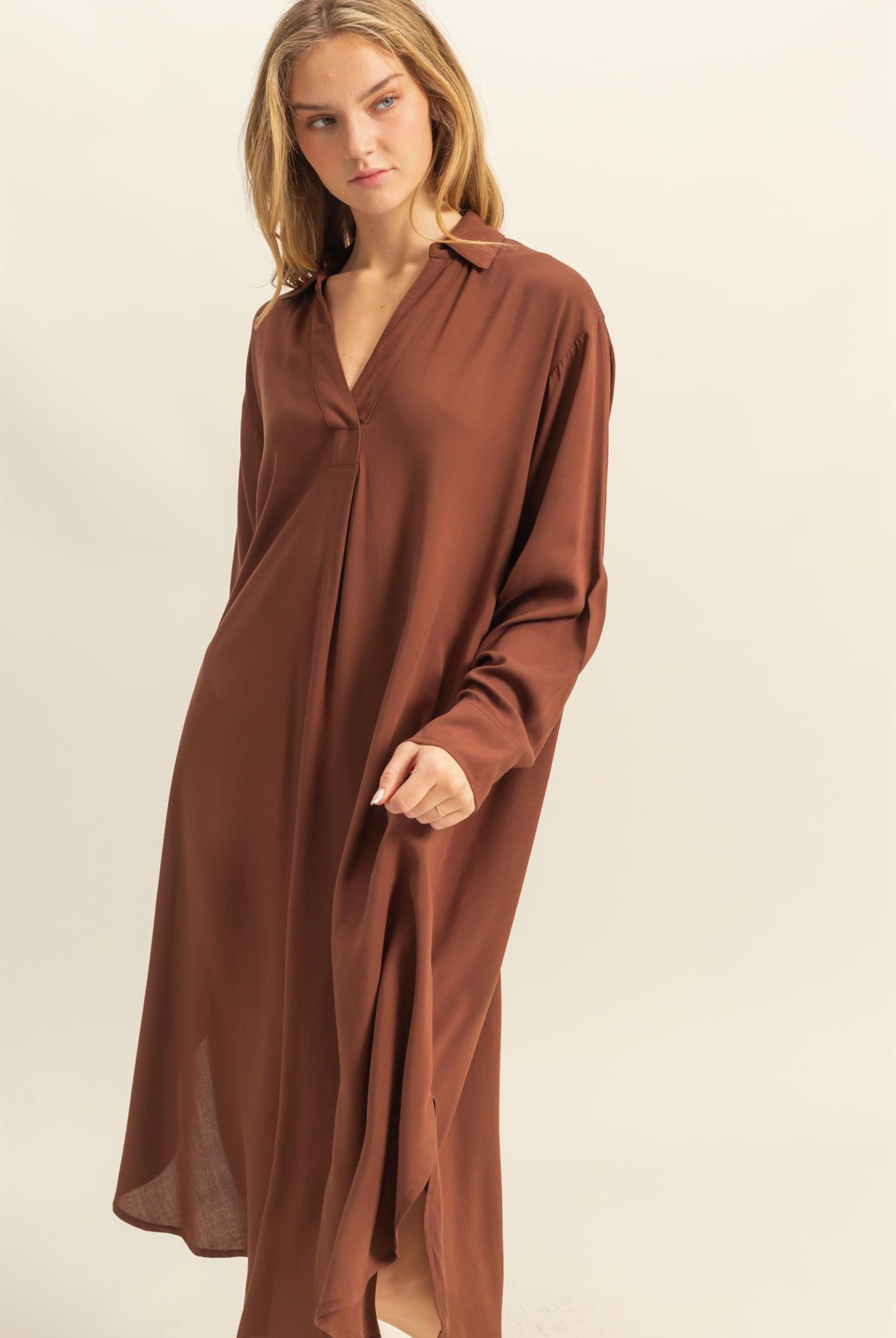 Wholesale V-Neck Long Sleeved Midi Shirts Dress Dresses DZ24E706 CHESTNUT DOUBLE ZERO