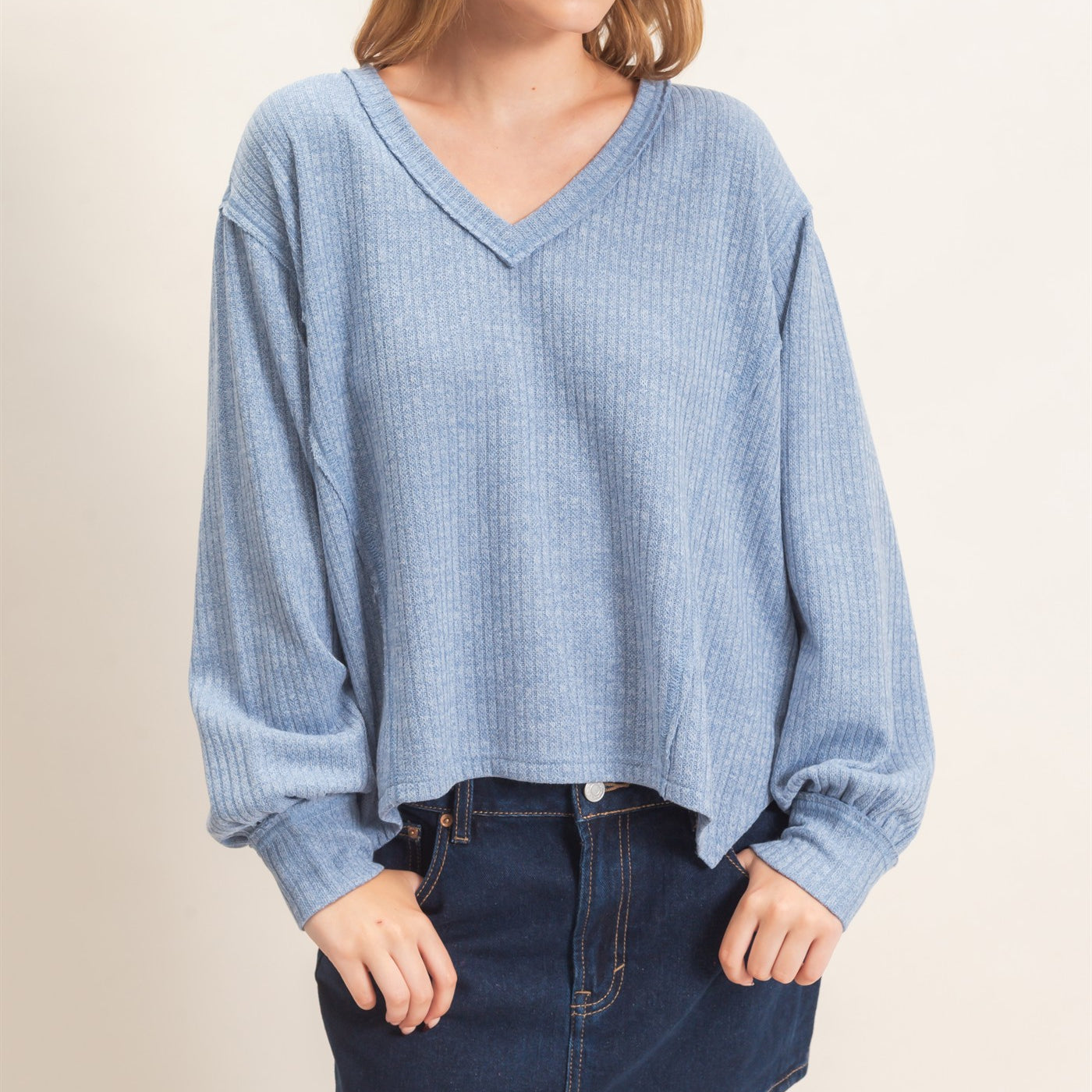 Wholesale Ribbed V-Neck Knit Top Shirts HF26F351 BLUE HYFVE