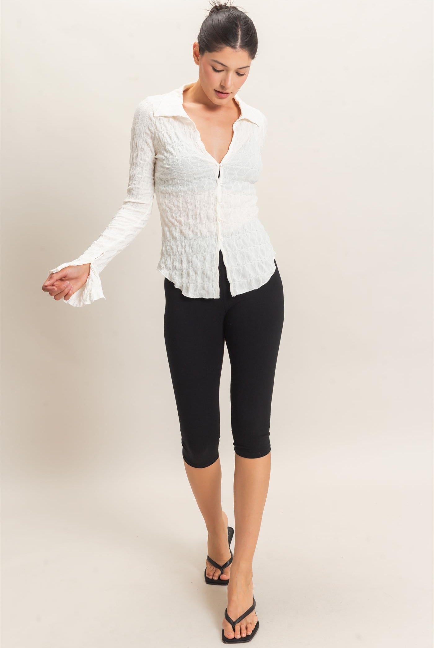 Wholesale Textured Button-Up Collared Top Shirts HF26E062 IVORY HYFVE