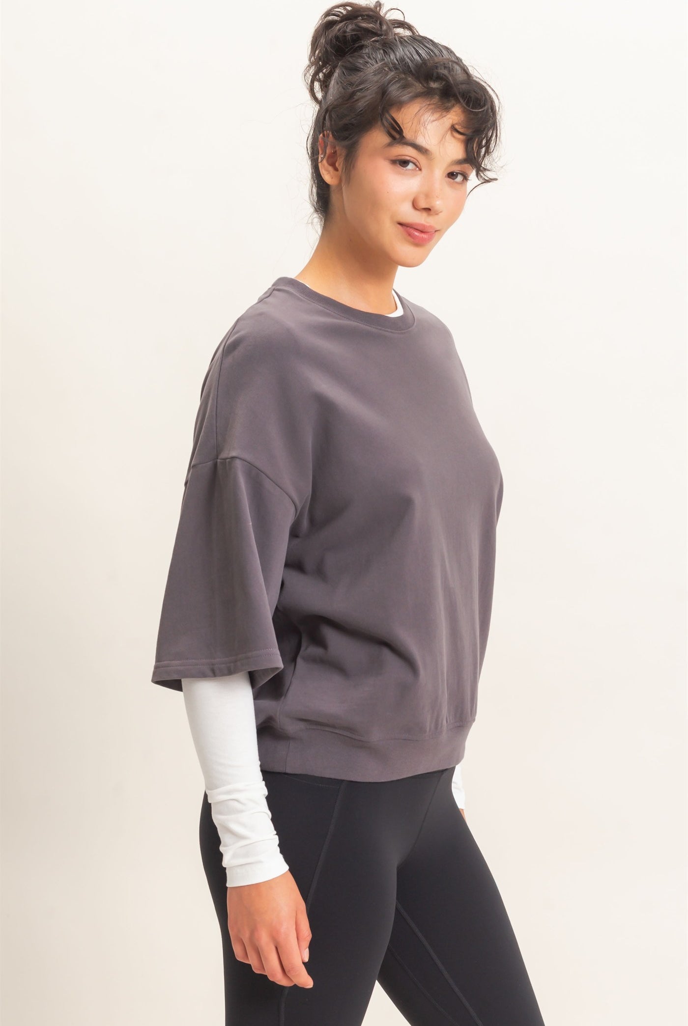 Wholesale Washed Crew Neck Short Sleeve Top Clothing Tops DZ26E381 CHARCOAL DOUBLE ZERO