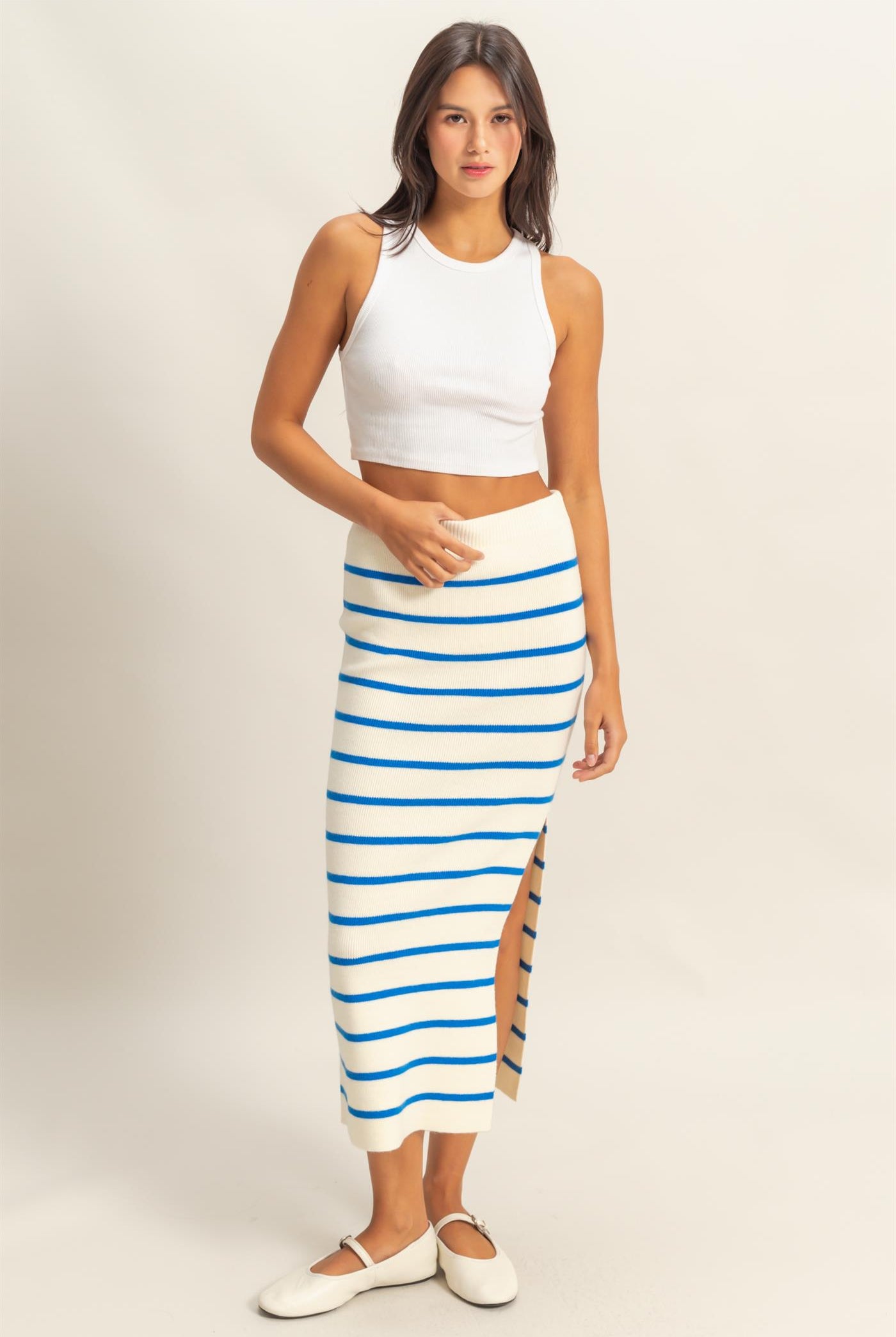Wholesale Striped High Waist Bodycon Sweater Skirt Skirts DZ25A637 BLUE/CREAM DOUBLE ZERO