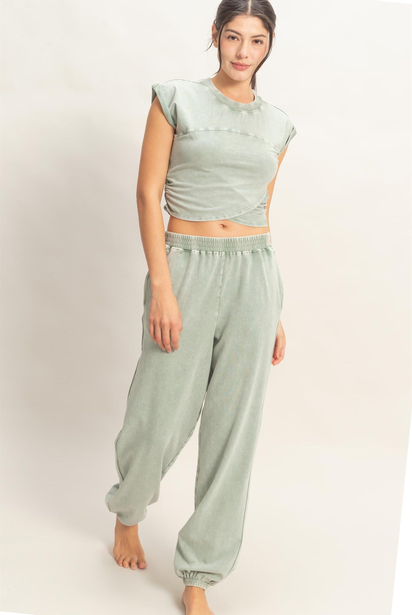 Wholesale Rolled Sleeve Wrap-Front Crop Top And Jogger Set Clothing DZ26A172-SET SAGE GREEN DOUBLE ZERO