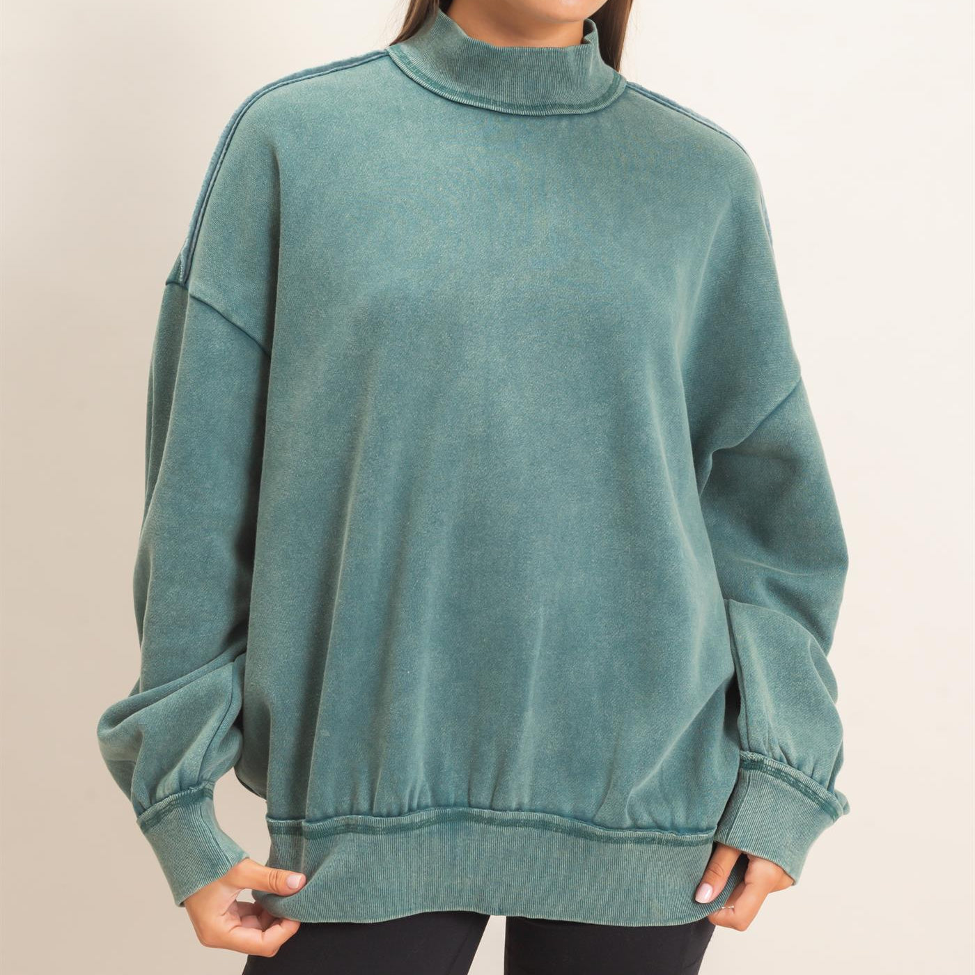Wholesale Acid Washed Mock Neck Sweatshirt Sweatshirts DZ26E656 DARK TEAL DOUBLE ZERO