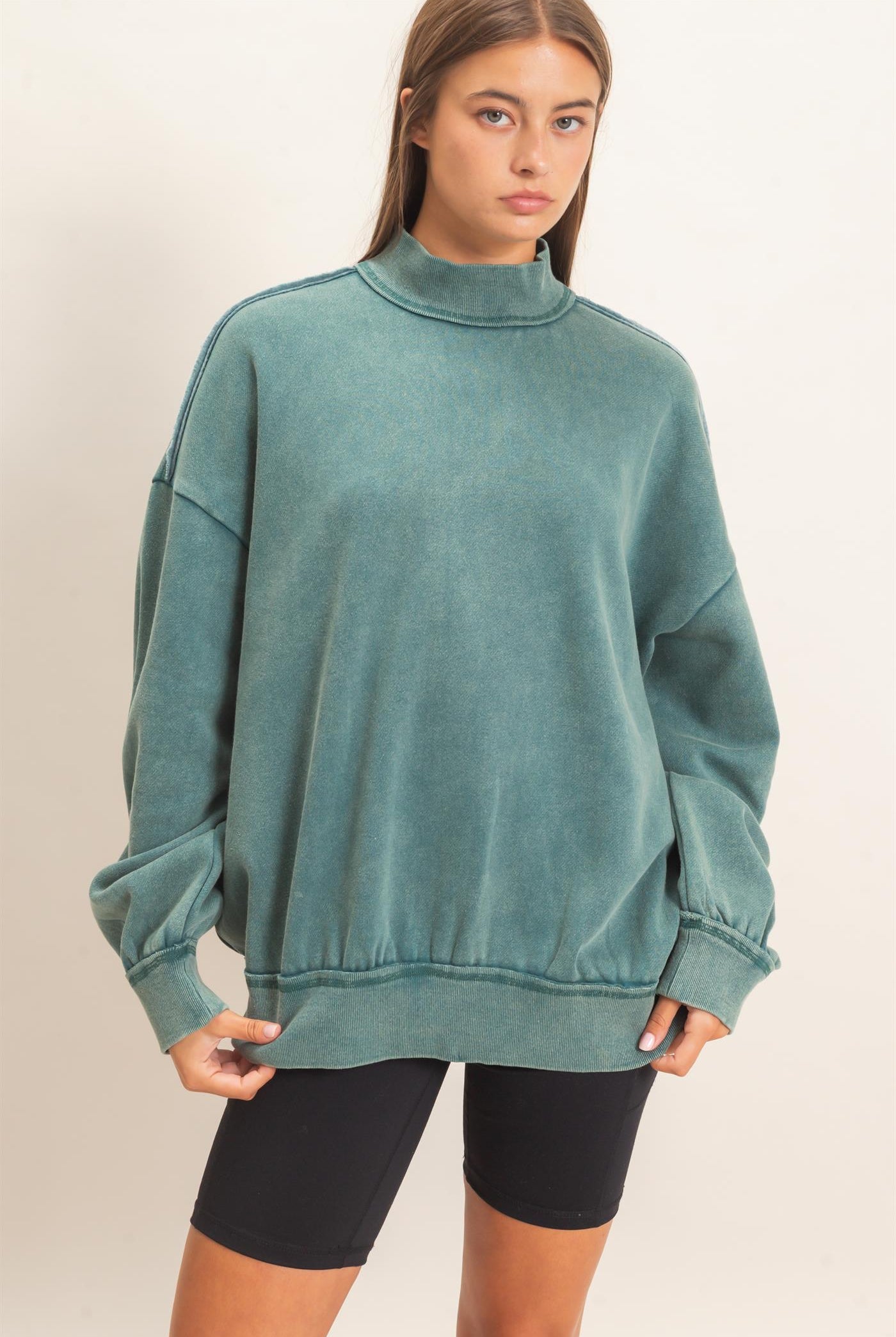 Wholesale Acid Washed Mock Neck Sweatshirt Sweatshirts DZ26E656 DARK TEAL DOUBLE ZERO