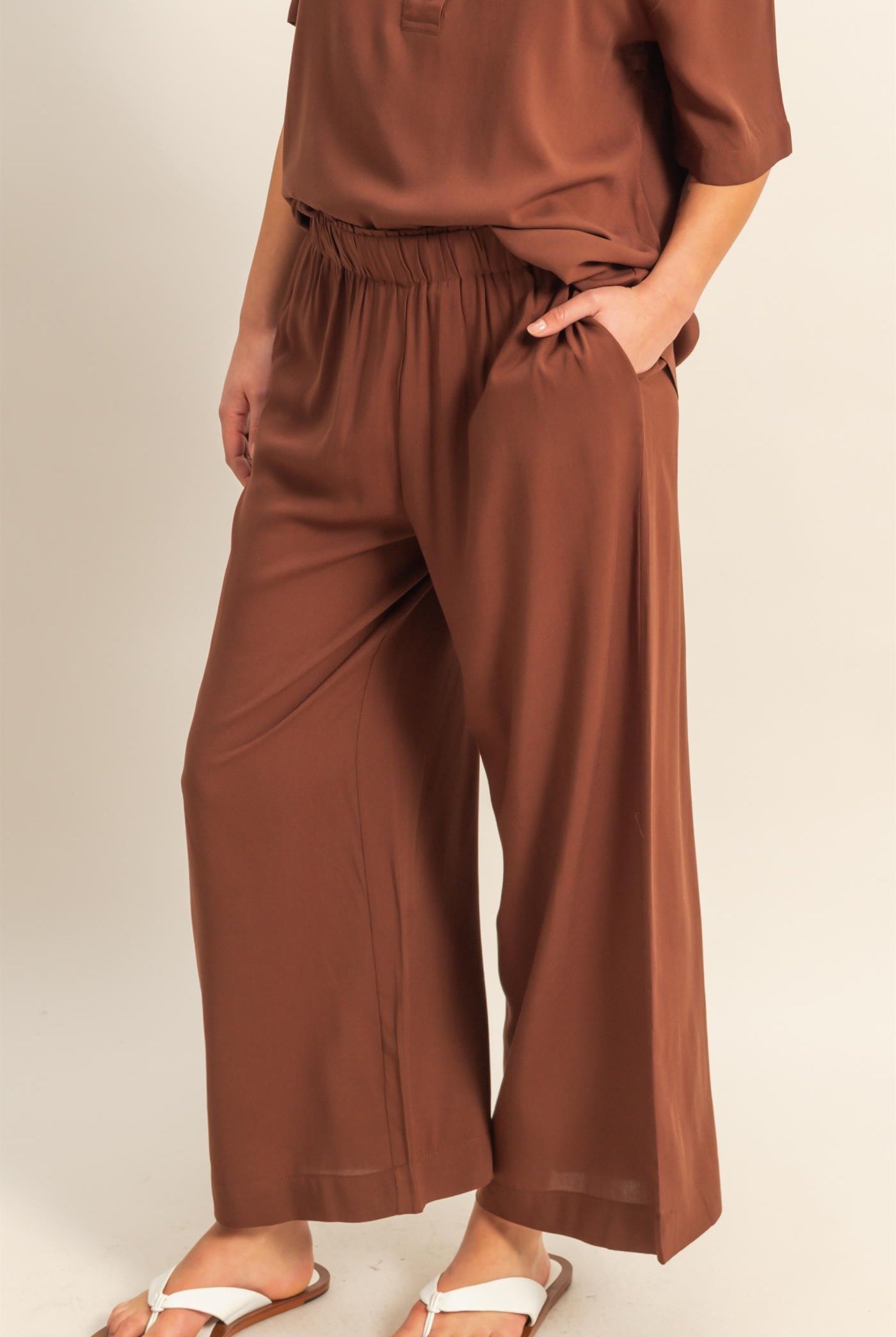 Wholesale High Waist Woven Wide Leg Pants Pants DZ25C192 CHESTNUT DOUBLE ZERO