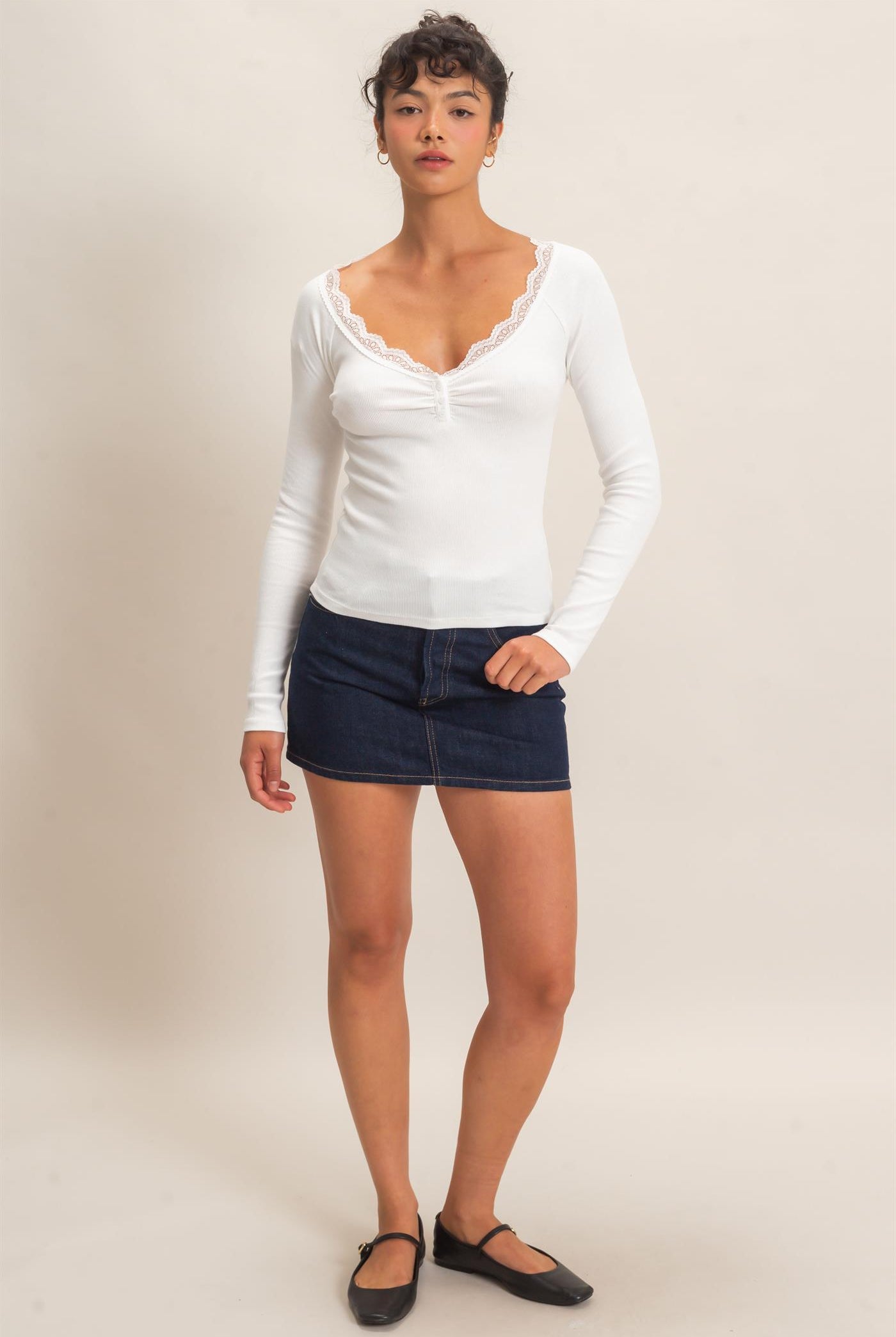 Wholesale Lace-Trim Henley Top Clothing Tops DZ26E325 WHITE DOUBLE ZERO