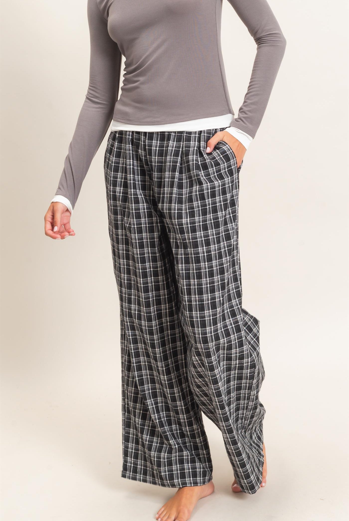 Wholesale Elastic Waist Plaid Pants Pants DZ26E375 BLACK DOUBLE ZERO