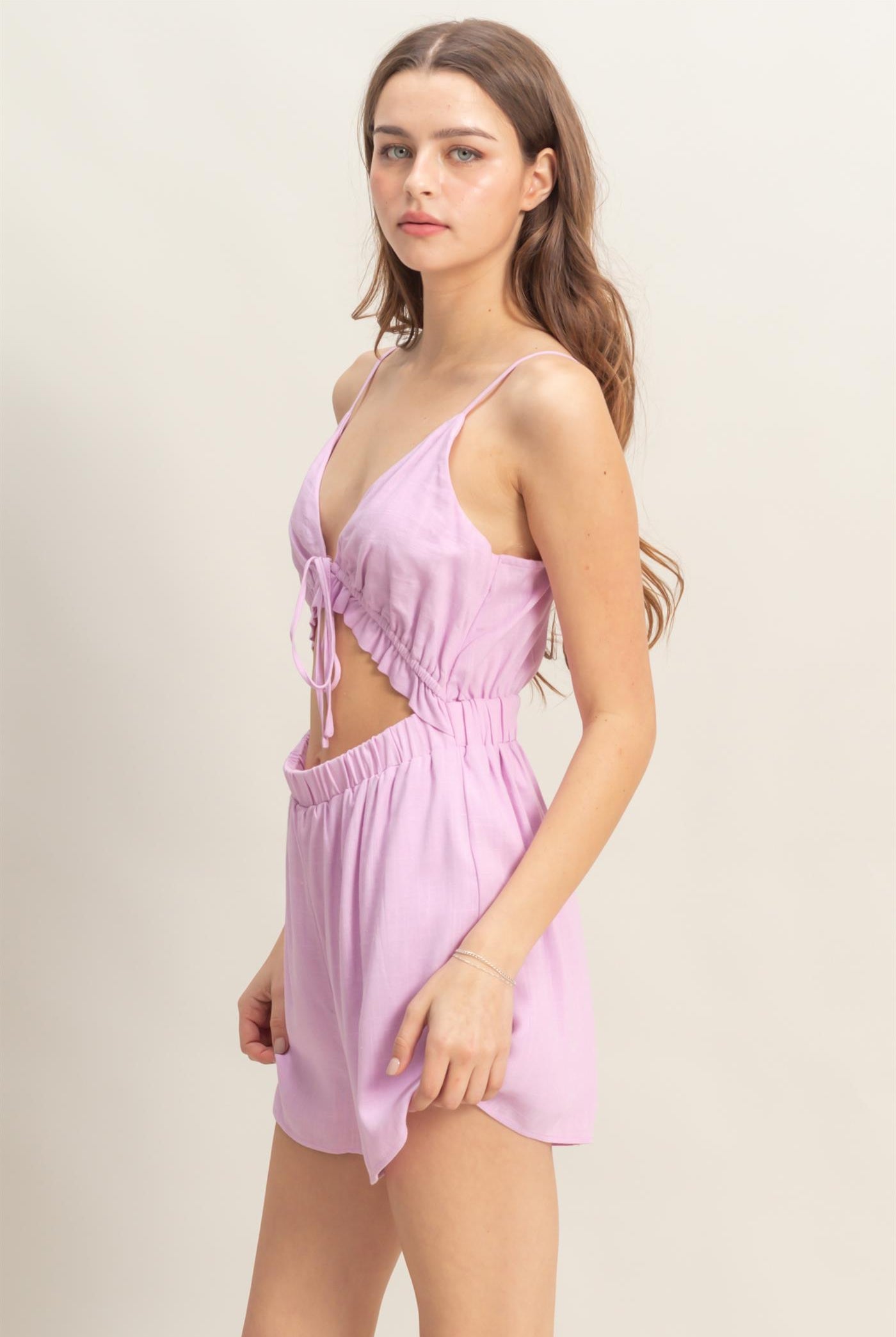 Wholesale Plunging V-Neck Cutout Linen Romper Clothing HF25A248 LAVENDER HYFVE