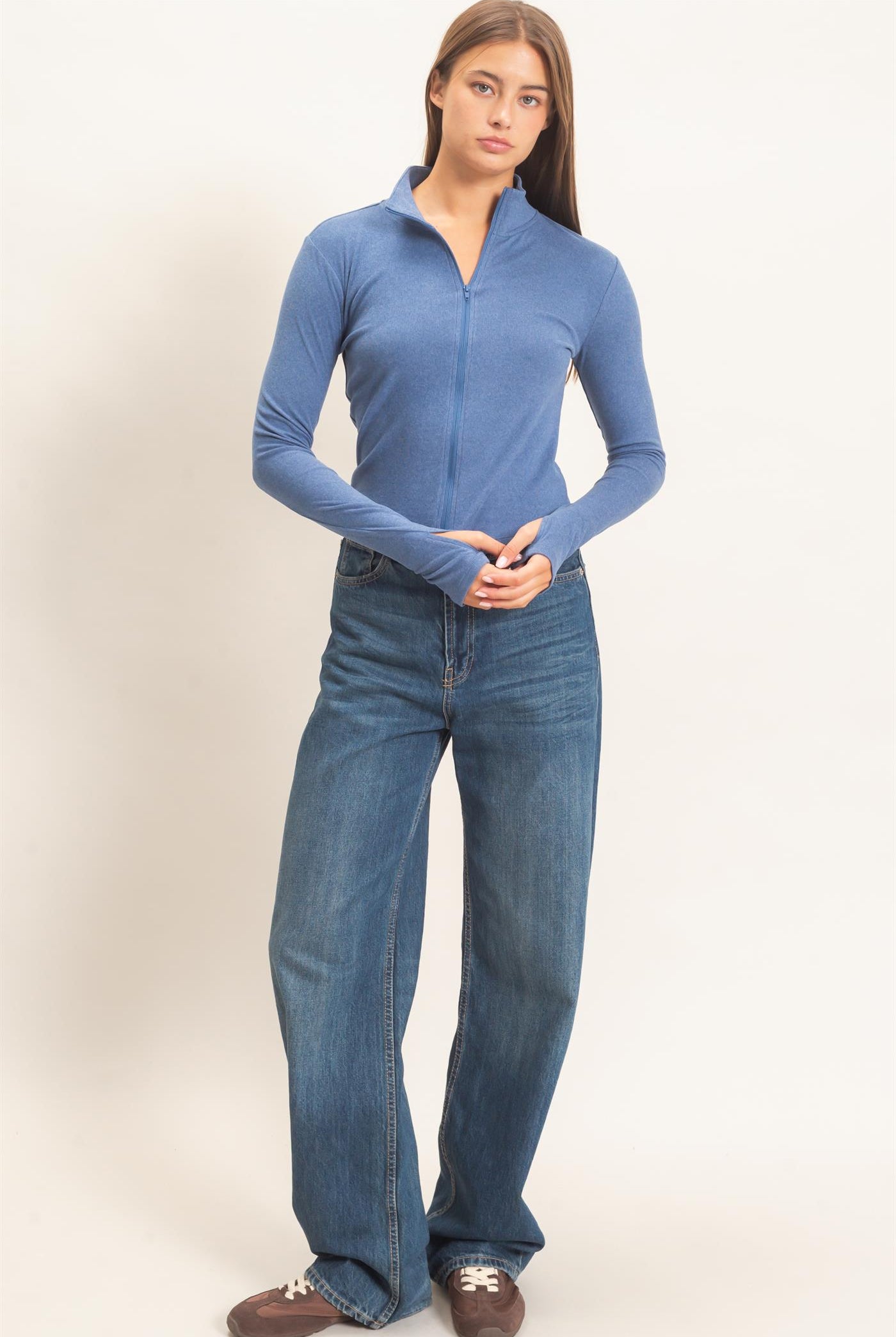 Wholesale Mock Neck Long Sleeve Zip Up Top Clothing Tops DZ26E911 NAVY DOUBLE ZERO