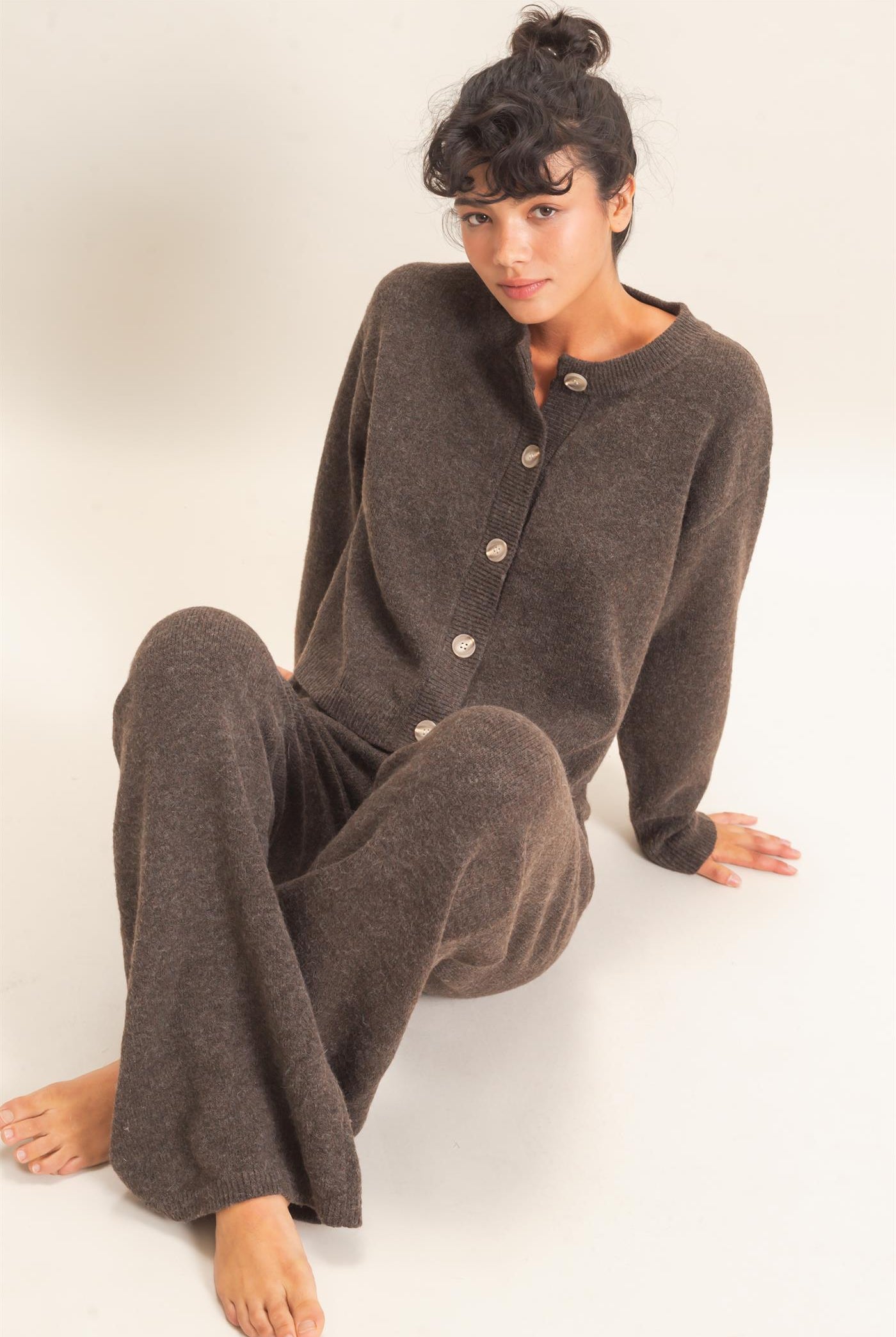 Wholesale Crew Neck Button Front Cardigan Cardigans DZ26E639 DARK BROWN DOUBLE ZERO