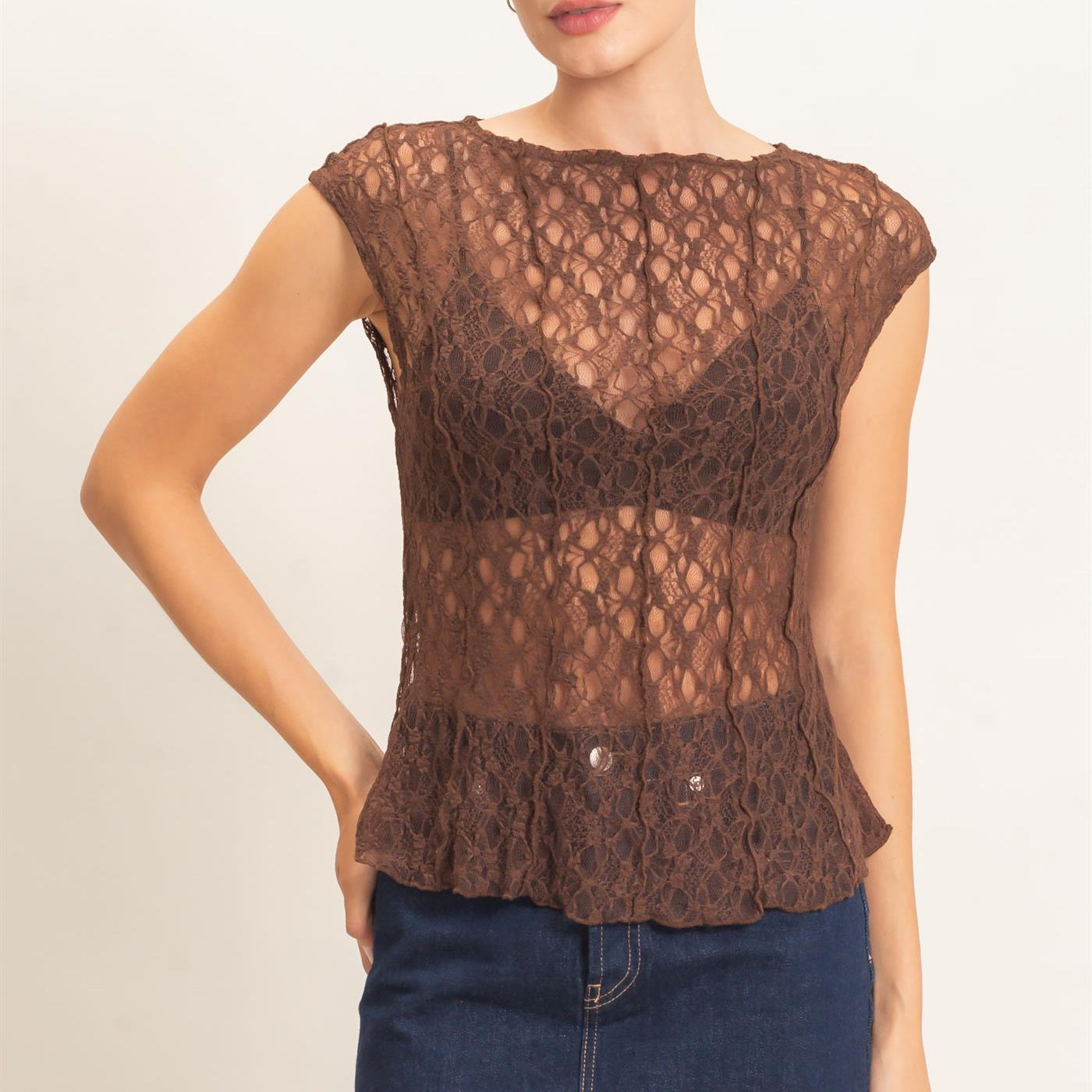 Wholesale Lace Cap Sleeve Top Clothing Tops HF26E672 CHOCOLATE HYFVE