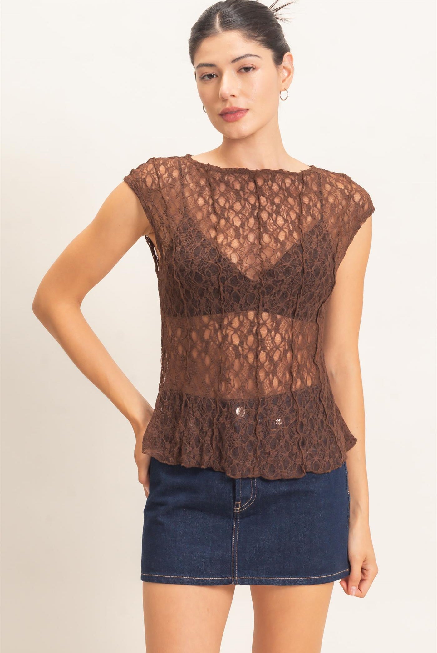 Wholesale Lace Cap Sleeve Top Clothing Tops HF26E672 CHOCOLATE HYFVE