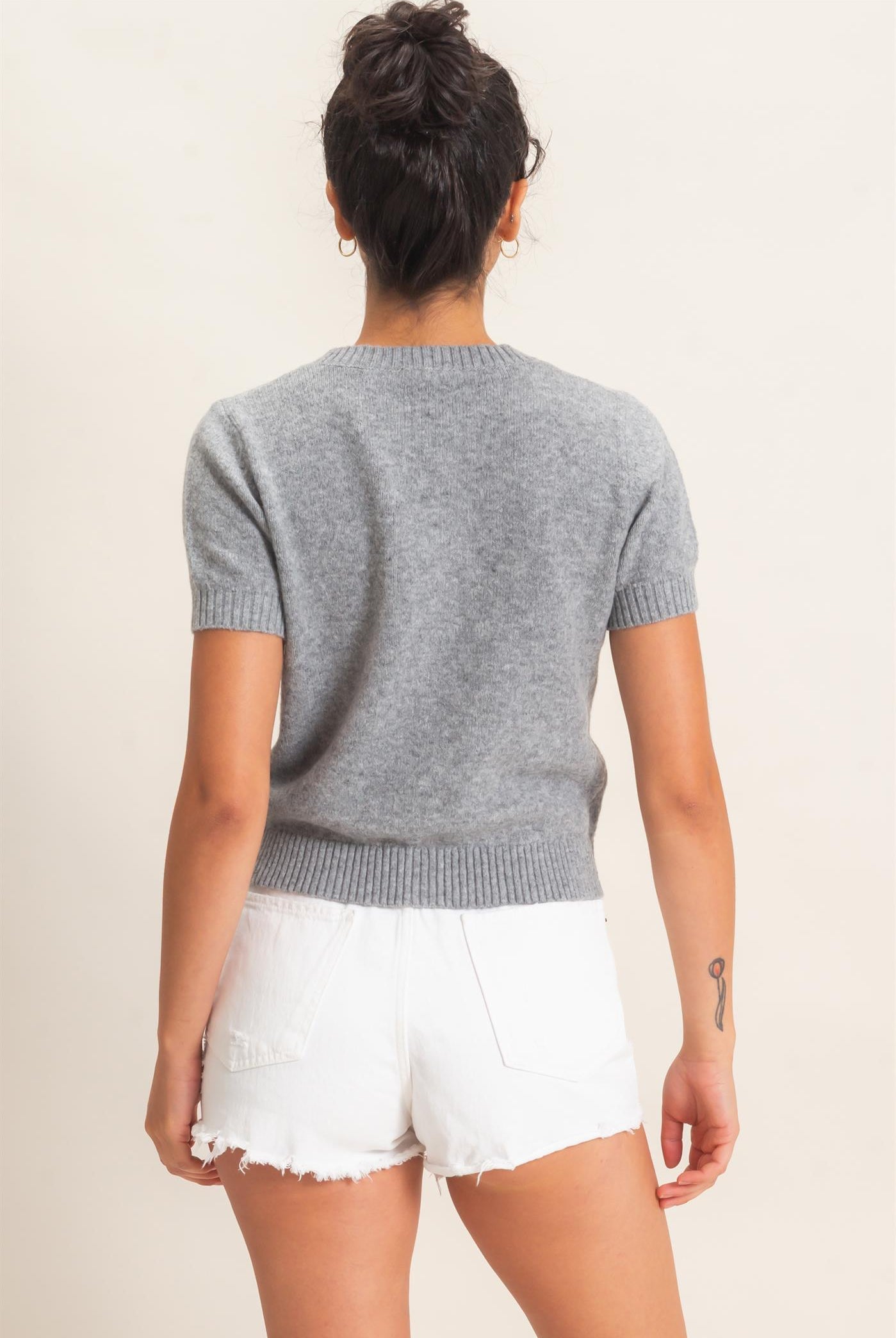 Wholesale Crew Neck Short Sleeve Cardigan Cardigans DZ26E108 HEATHER GRAY DOUBLE ZERO