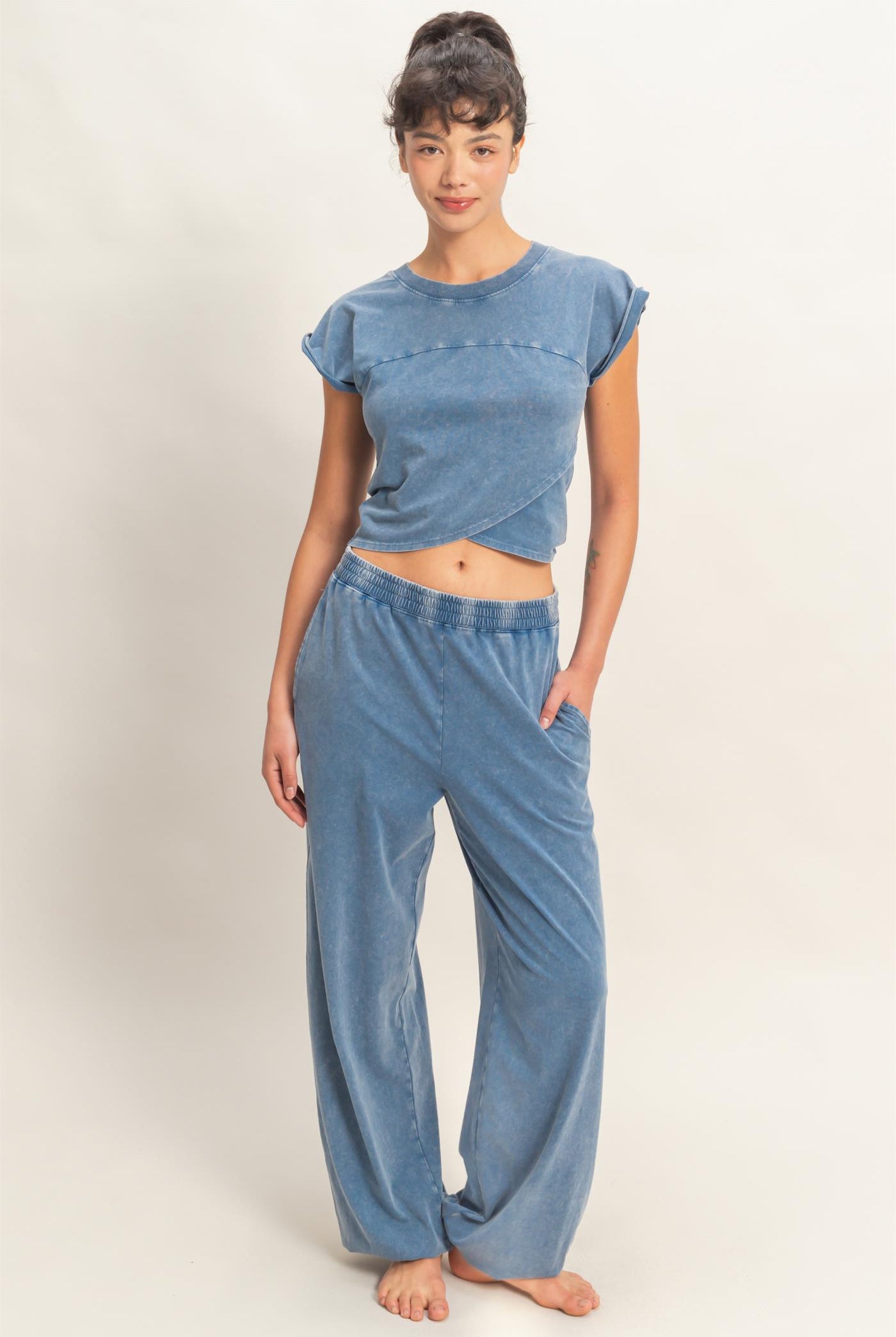 Wholesale Rolled Sleeve Wrap-Front Crop Top And Jogger Set Clothing DZ26A172-SET NAVY DOUBLE ZERO