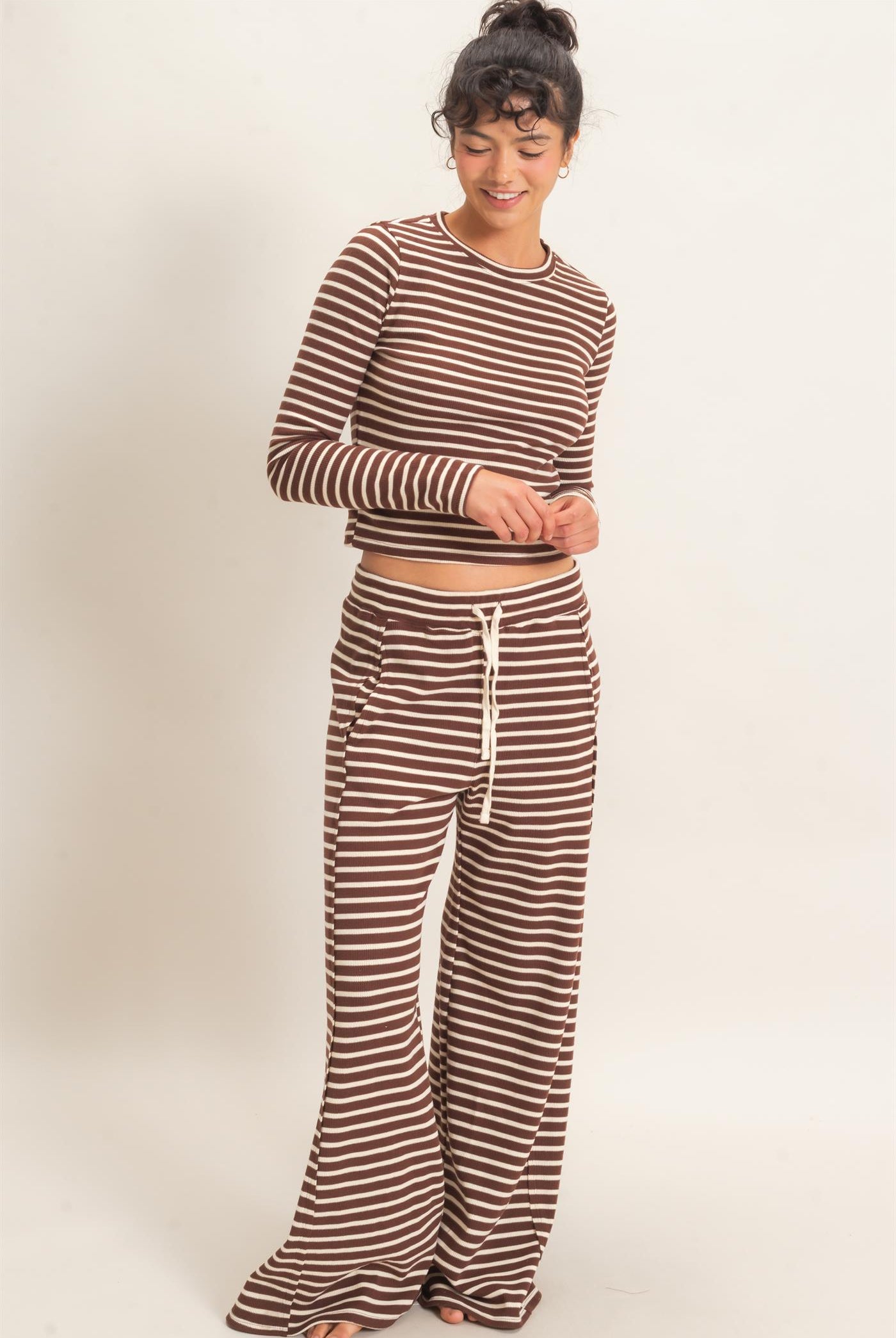 Wholesale Striped Waffle Long Sleeve Top & Pants Set Clothing DZ25F479-SET DARK BROWN DOUBLE ZERO