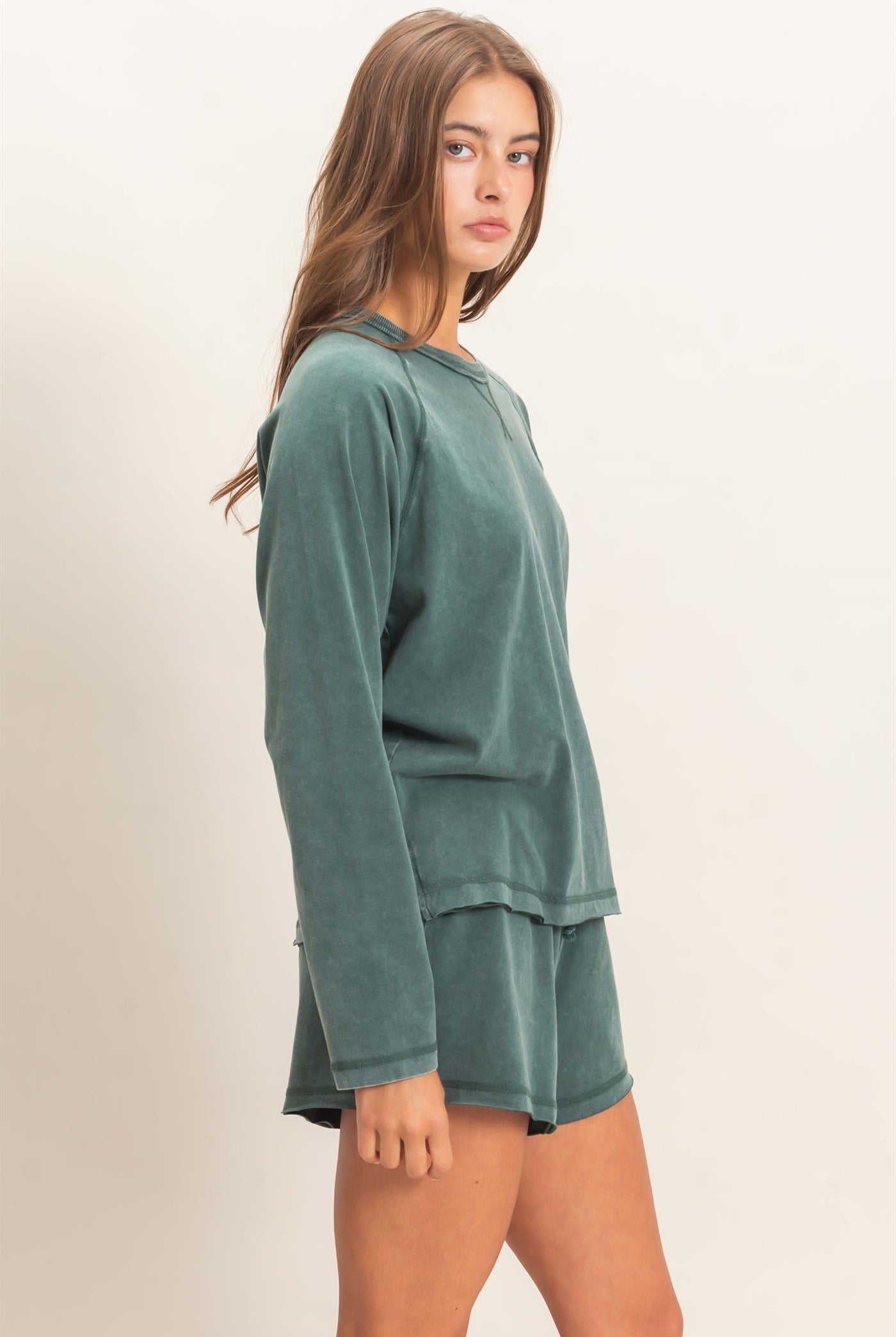 Wholesale Mineral Wash Long Sleeve Raw Edge Top & Shorts Set Clothing DZ26F403-SET DARK GREEN DOUBLE ZERO