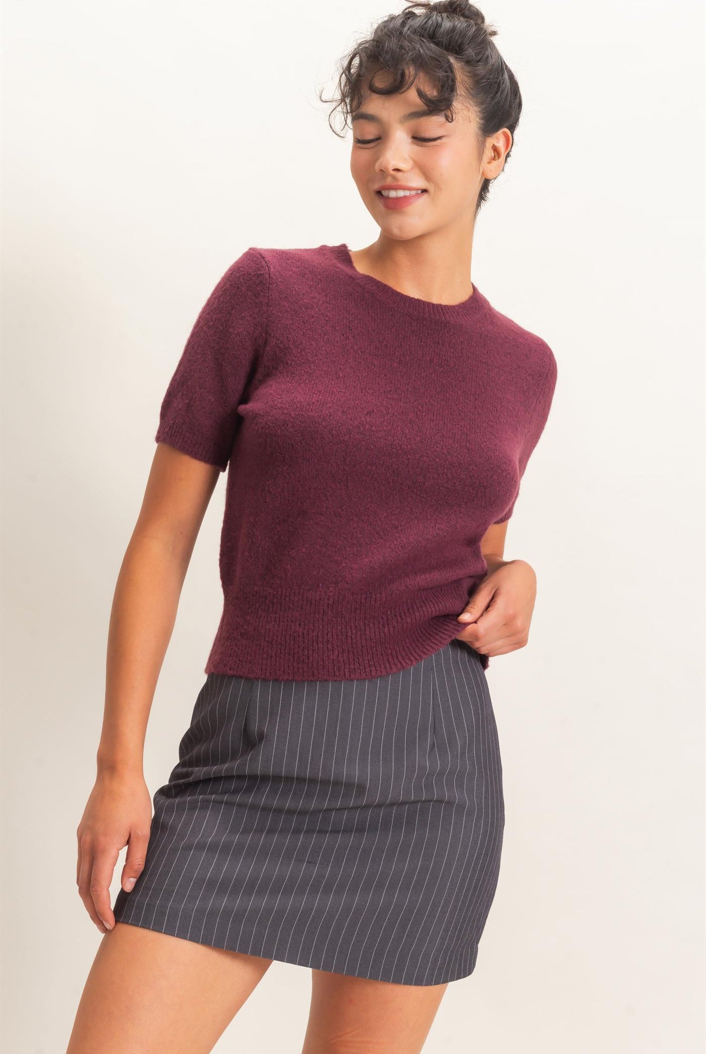 Wholesale Crew Neck Short Sleeve Knit Top Clothing Tops DZ26E944 DARK CHERRY DOUBLE ZERO