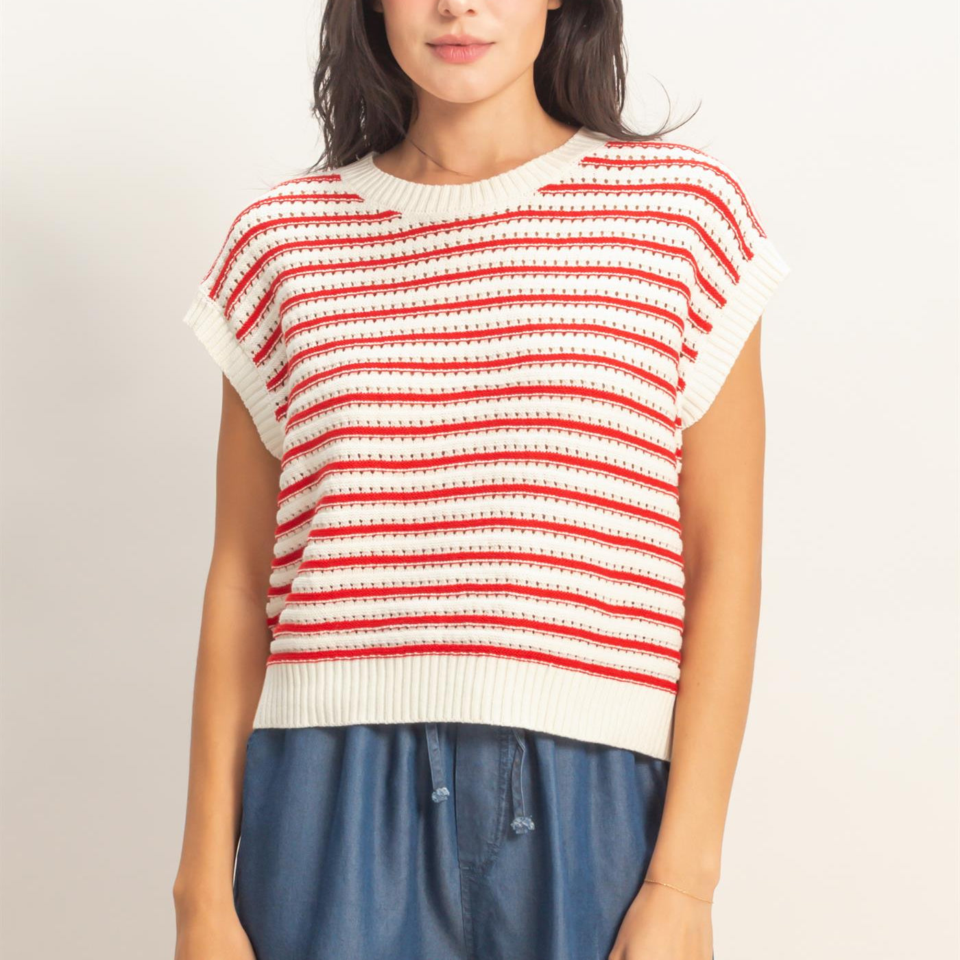 Wholesale Striped Sleeveless Crew Neck Top Sweaters DZ26A222 RED DOUBLE ZERO