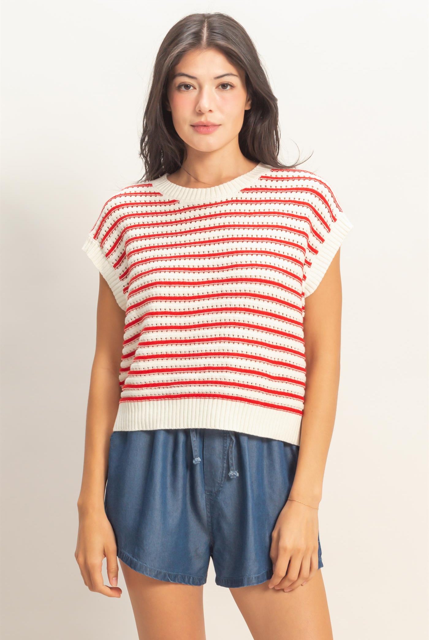 Wholesale Striped Sleeveless Crew Neck Top Sweaters DZ26A222 RED DOUBLE ZERO