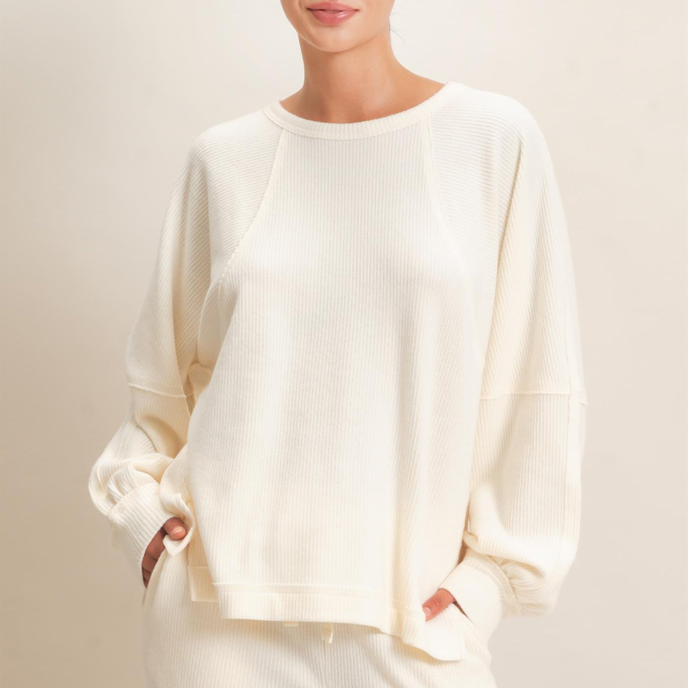 Wholesale Brushed Waffle Long Sleeve Top Clothing Tops DZ26F312 CREAM DOUBLE ZERO