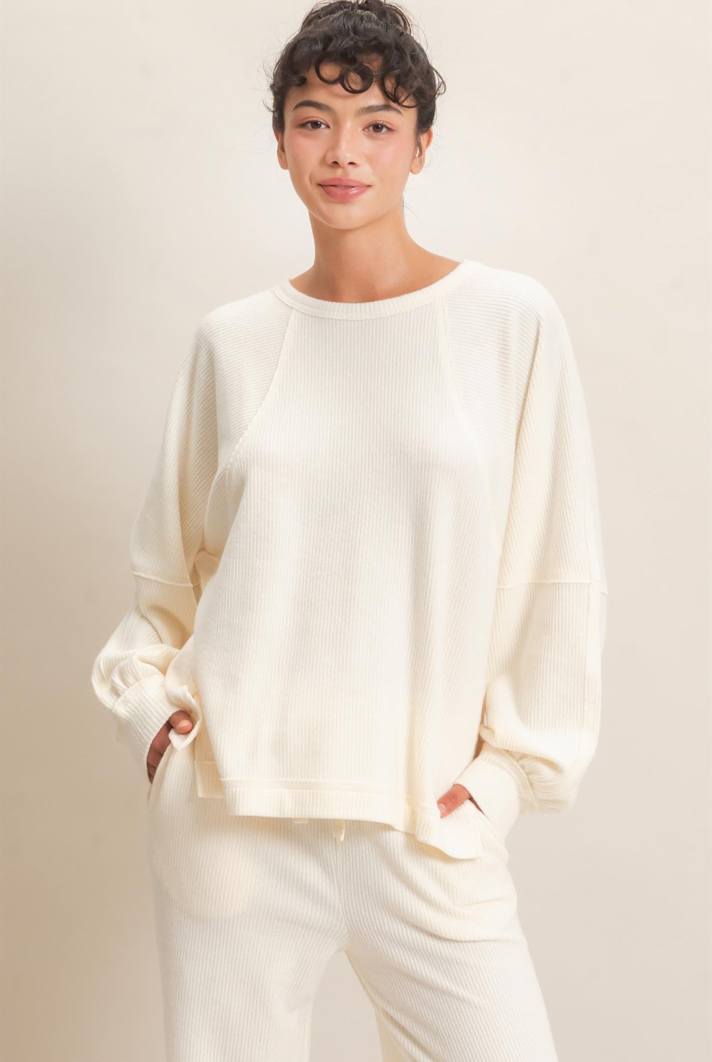 Wholesale Brushed Waffle Long Sleeve Top Clothing Tops DZ26F312 CREAM DOUBLE ZERO