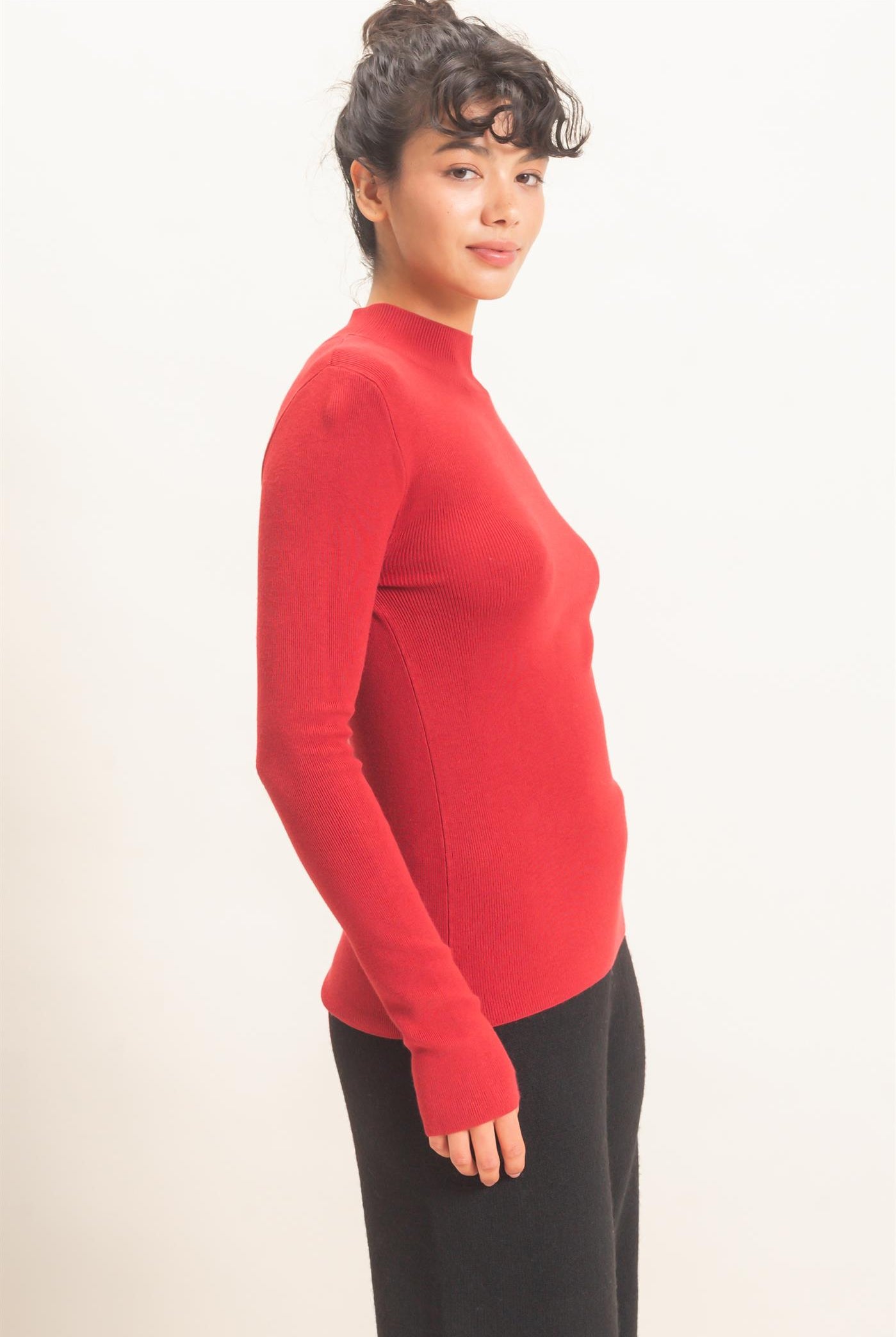 Wholesale Ribbed Mock Neck Long Sleeve Knit Top Clothing Tops DZ26F201 DARK RED DOUBLE ZERO