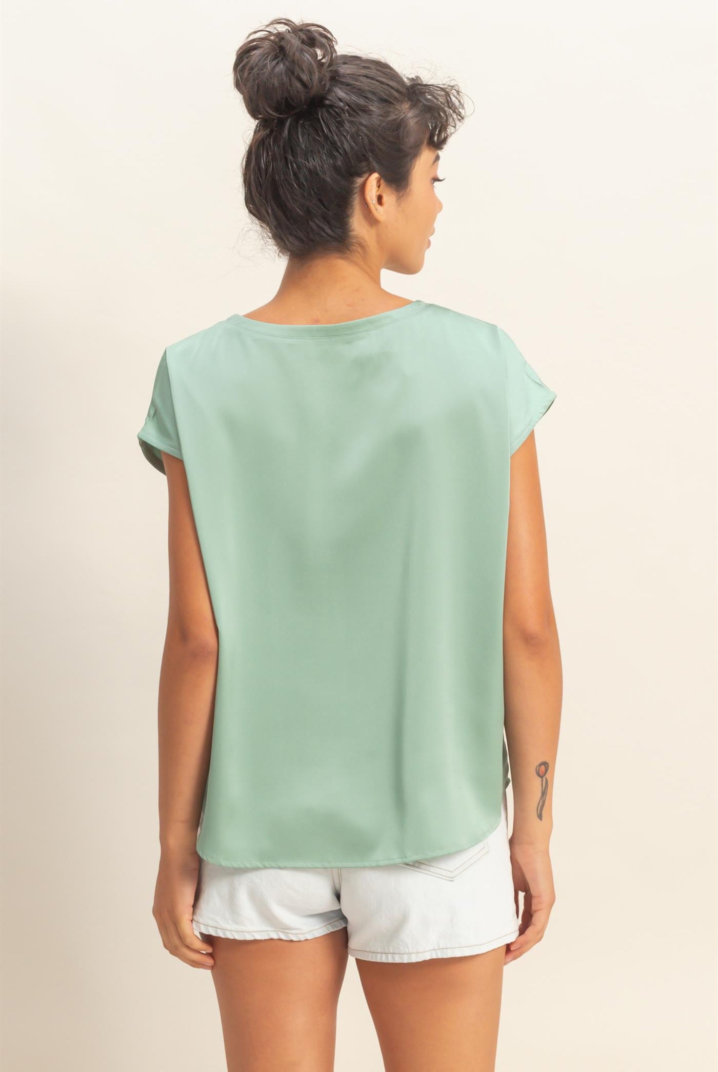 Wholesale Satin Dolman Sleeve Round Neck Blouse Clothing Tops DZ26C181 SAGE GREEN DOUBLE ZERO