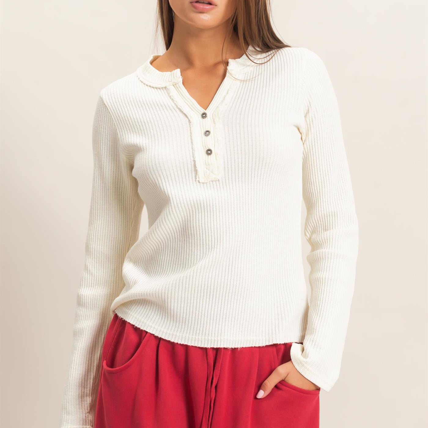 Wholesale Mineral Wash Waffle Henley Long Sleeve Top Clothing Tops DZ26E243 CREAM DOUBLE ZERO