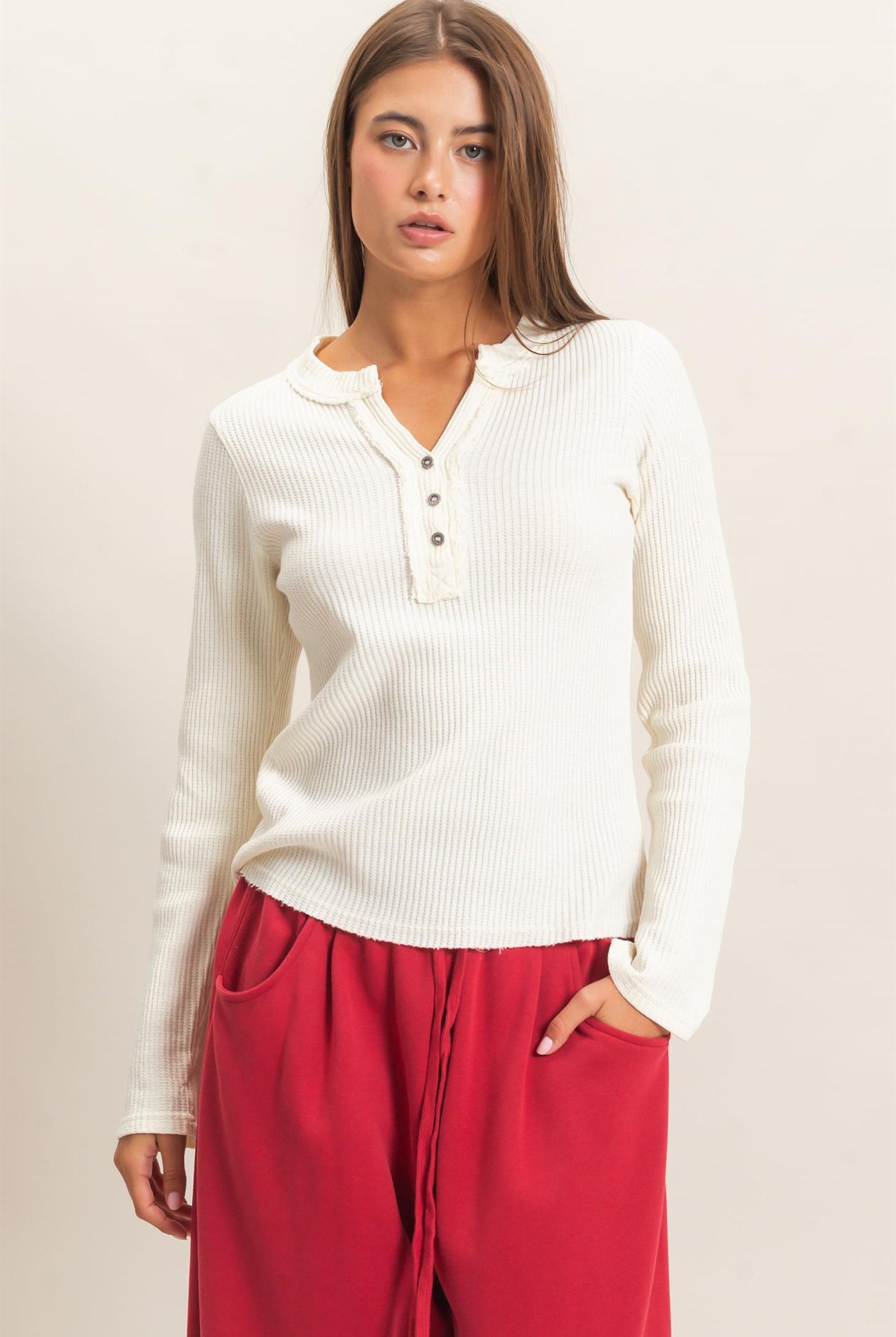 Wholesale Mineral Wash Waffle Henley Long Sleeve Top Clothing Tops DZ26E243 CREAM DOUBLE ZERO