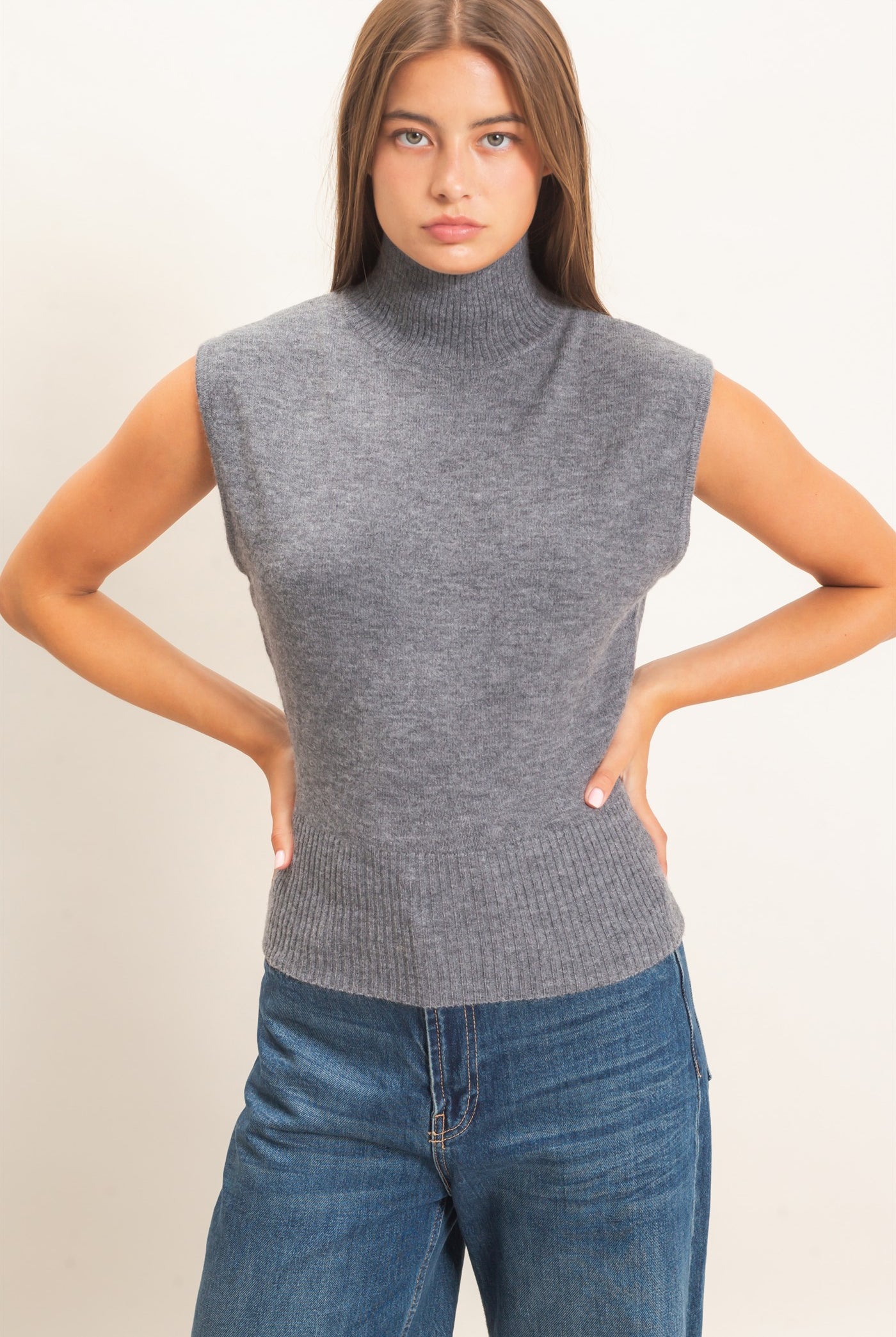 Wholesale Sleeveless High Neck Knit Top Clothing Tops DZ26E946 CHARCOAL DOUBLE ZERO