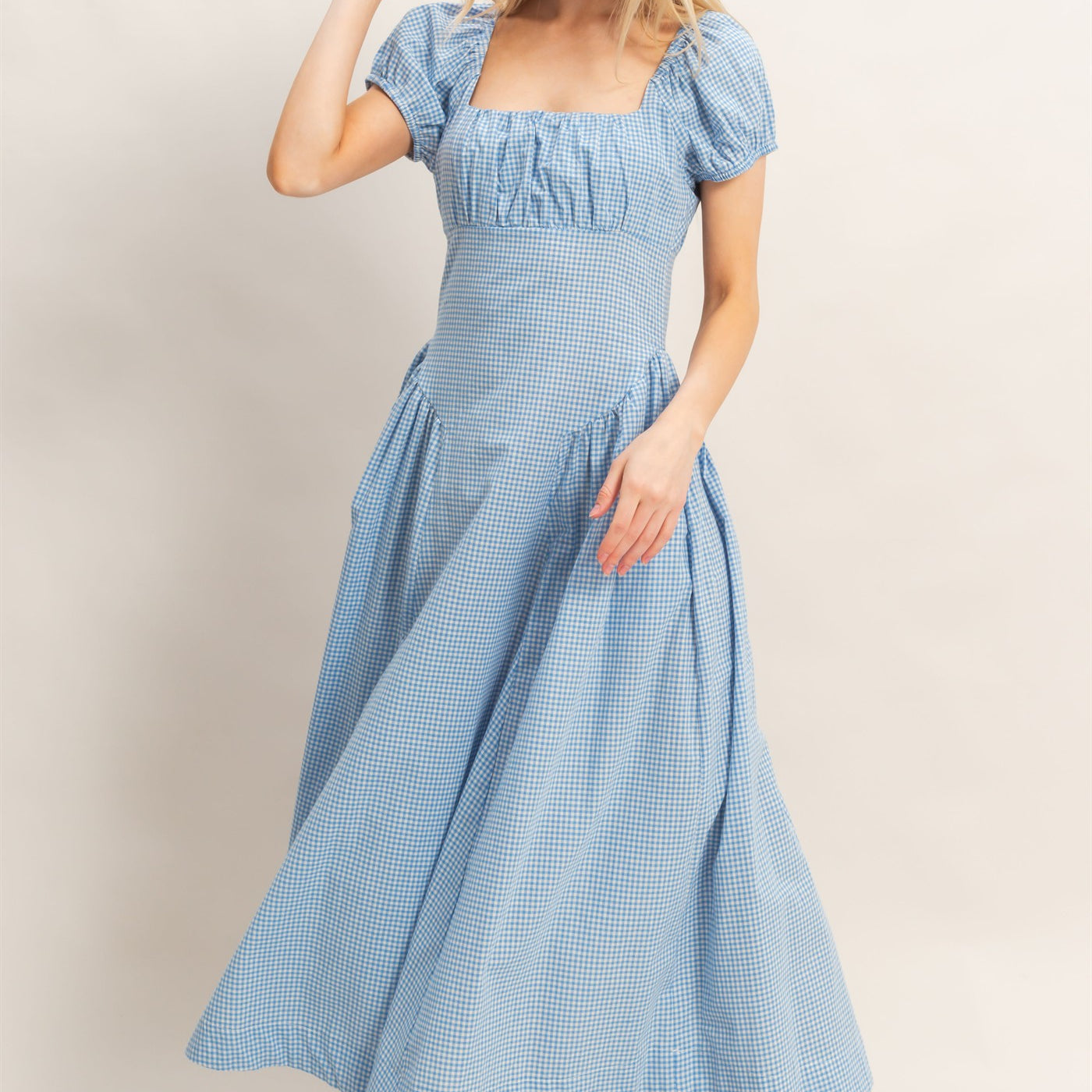 Wholesale Gingham Puff Sleeve Dress Dresses HF26A321 BLUE HYFVE