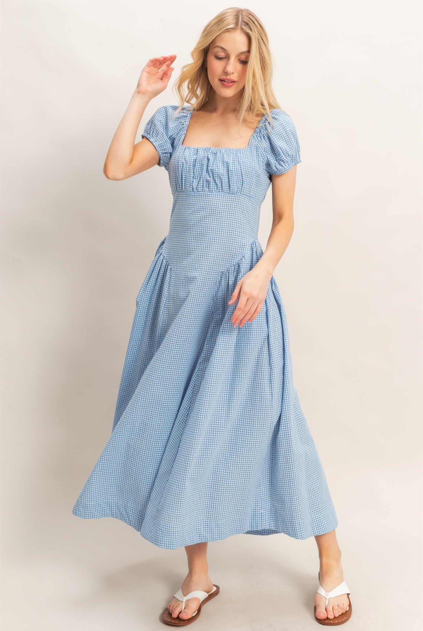 Wholesale Gingham Puff Sleeve Dress Dresses HF26A321 BLUE HYFVE