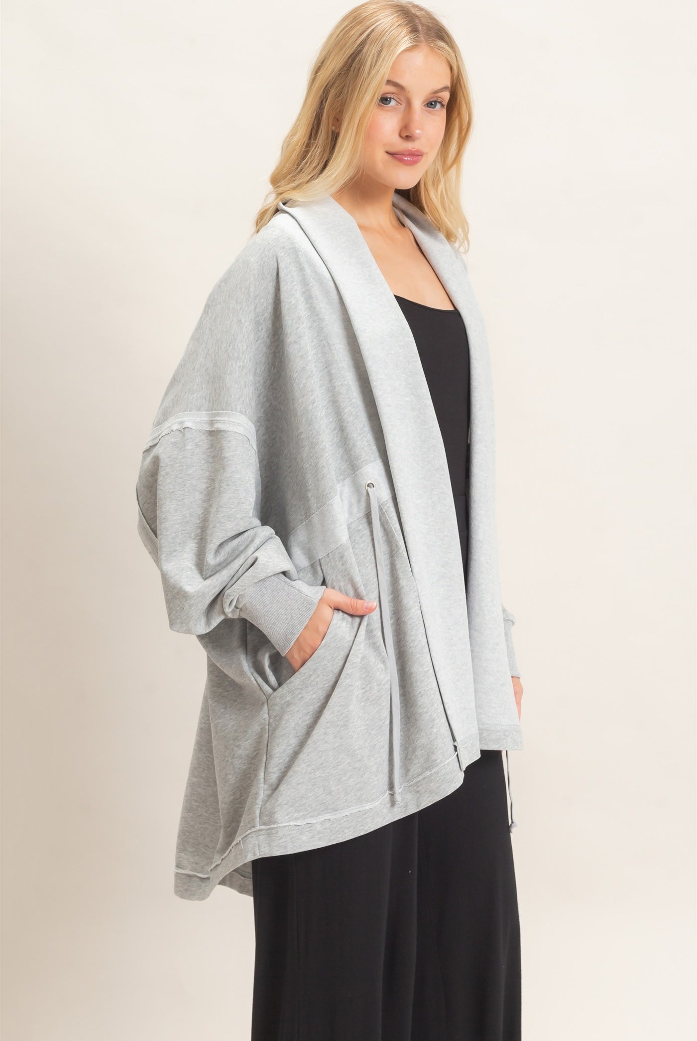 Wholesale Open Front Tie Waist Cardigan Cardigans HF26C778 HEATHER GRAY HYFVE