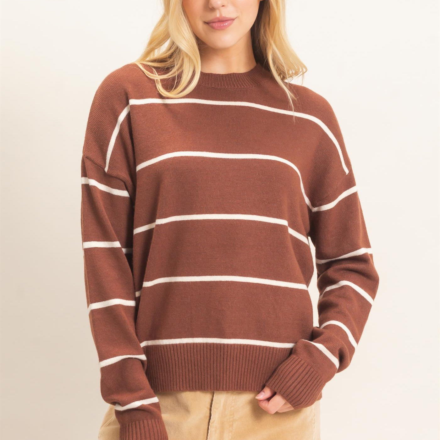 Wholesale Striped Ribbed Crew Neck Sweater Sweaters HF26F169 BROWN HYFVE