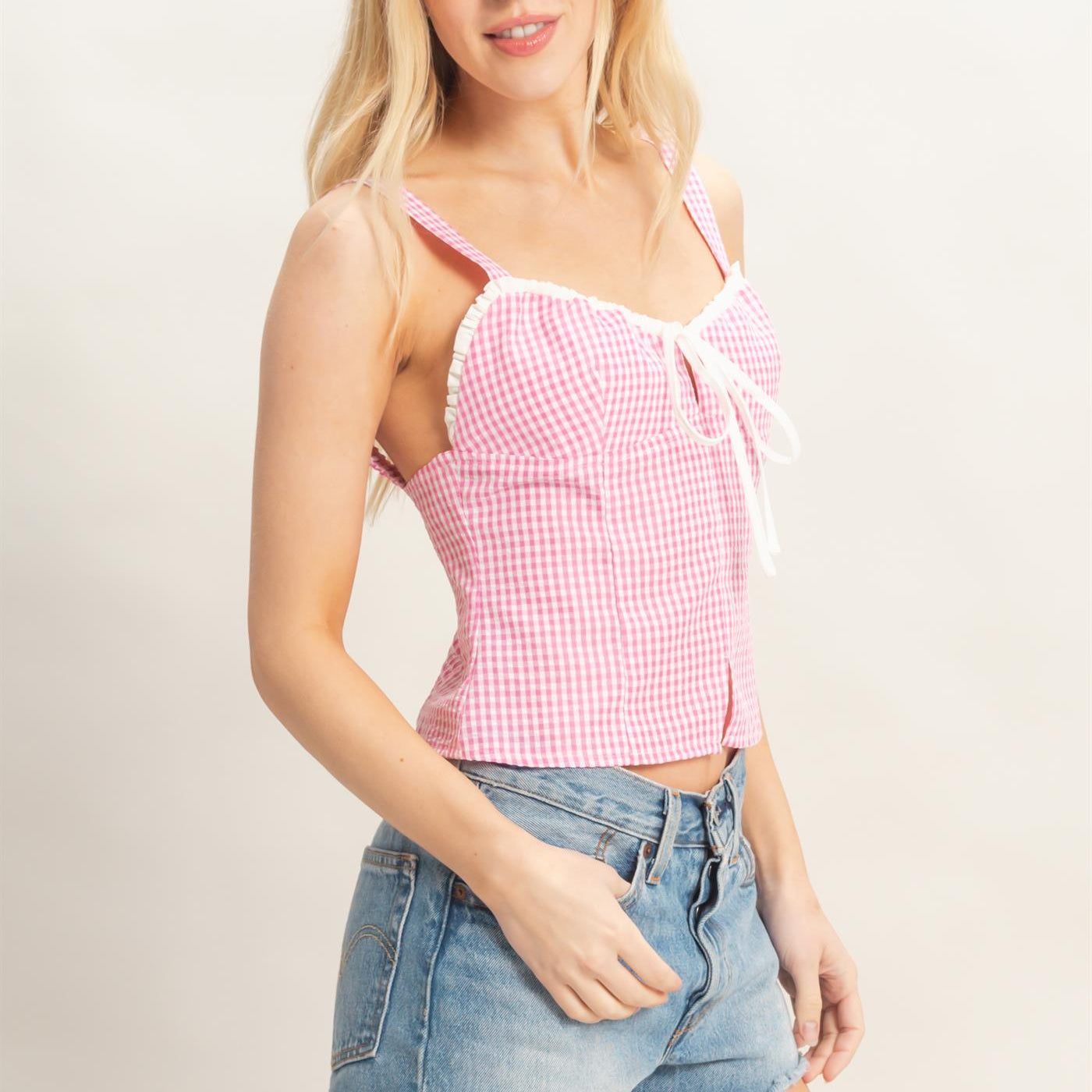 Wholesale Gingham Tie Front Tank Top Tank Tops HF26A013 PINK HYFVE