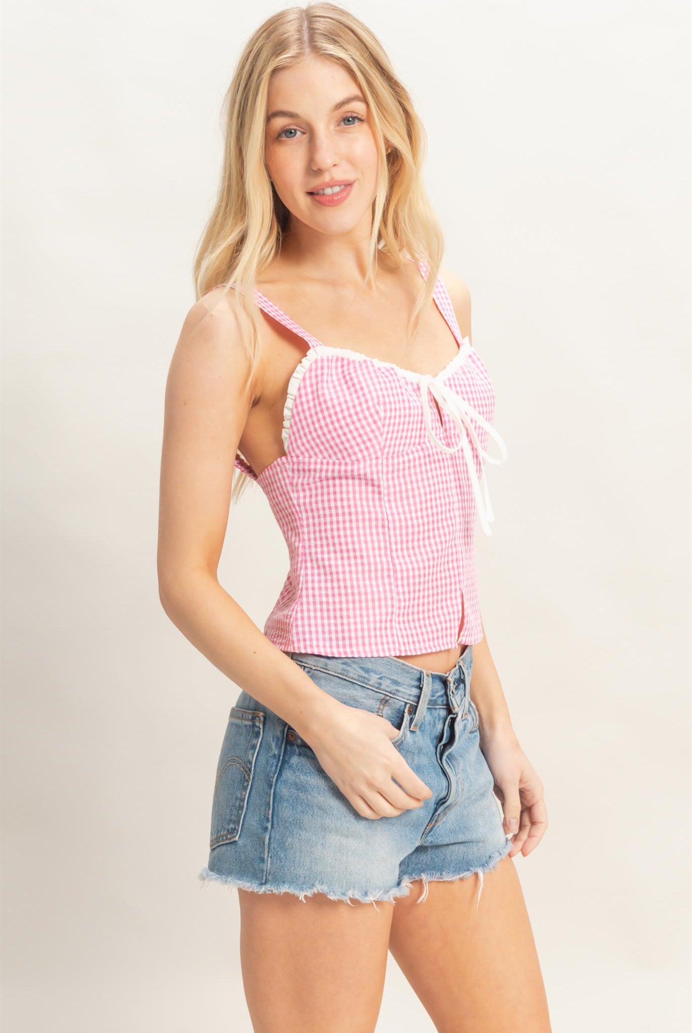Wholesale Gingham Tie Front Tank Top Tank Tops HF26A013 PINK HYFVE