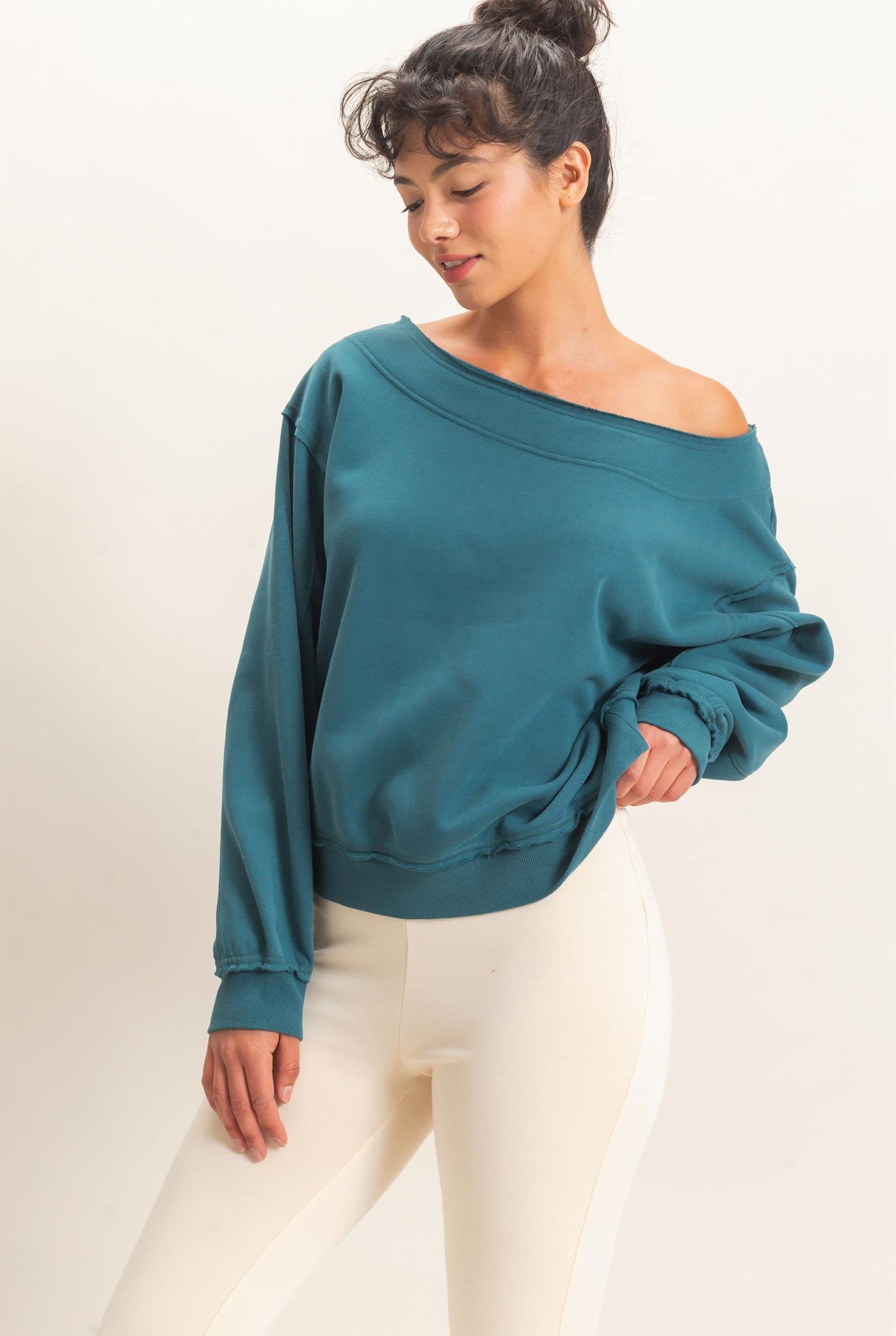 Wholesale Off Shoulder Sweatshirt Sweatshirts DZ26C880 DARK TEAL DOUBLE ZERO