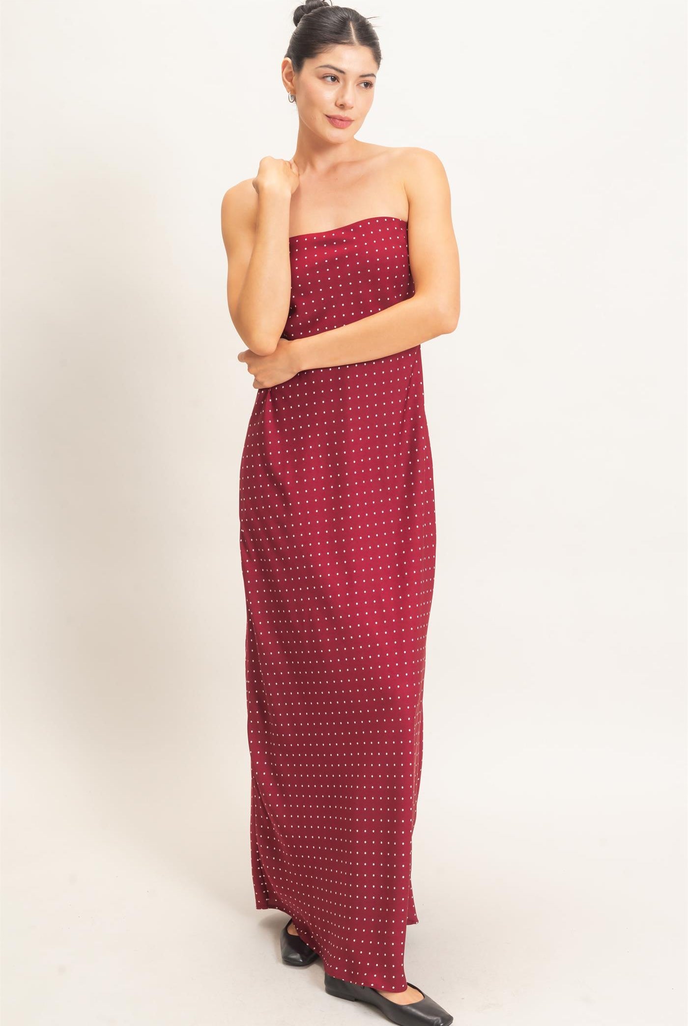 Wholesale Strapless Polka Dot Maxi Dress Dresses HF26E845 BURGUNDY HYFVE