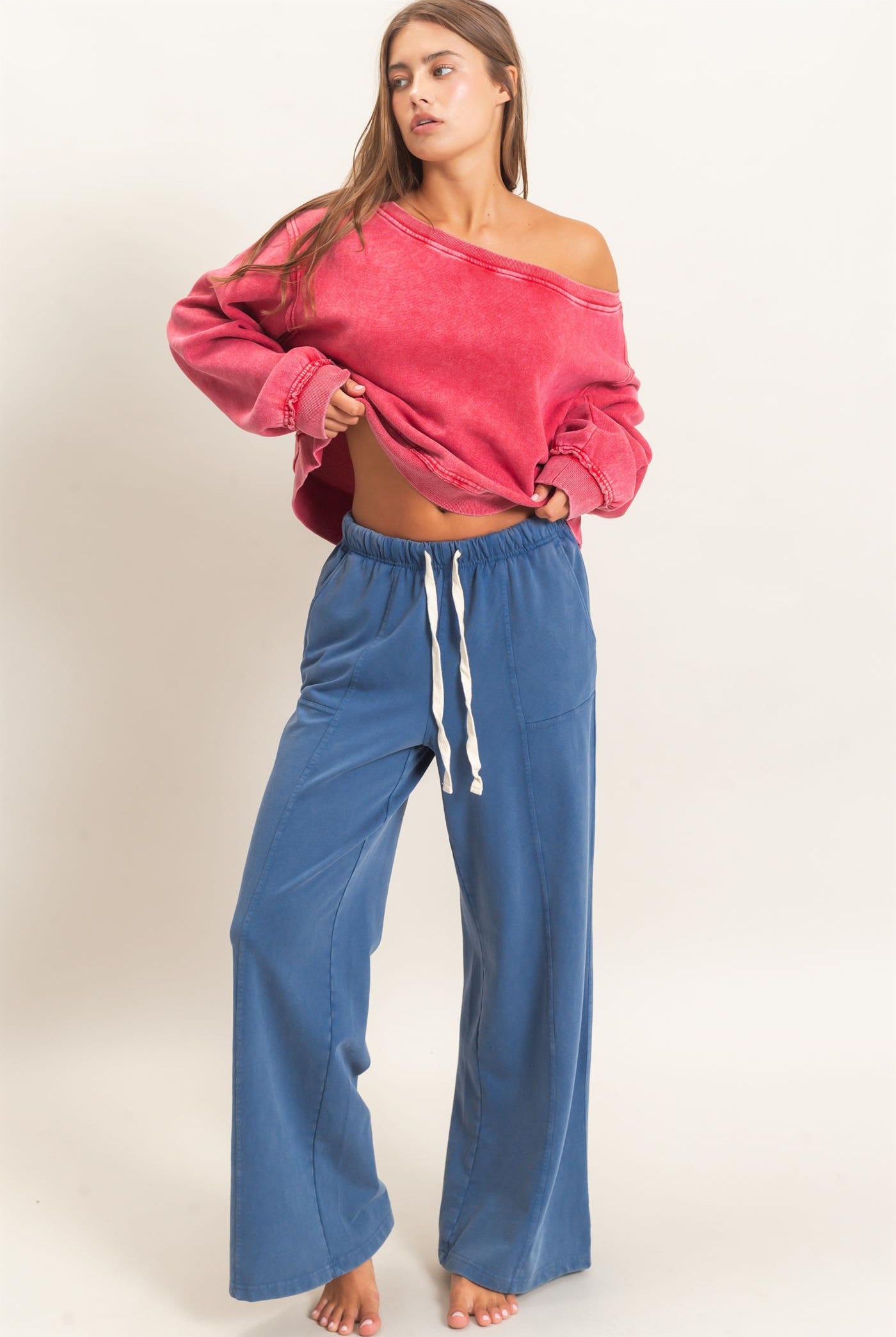 Wholesale Acid Wash Drawstring Waist Wide Leg Pants Pants DZ25A685 NAVY DOUBLE ZERO