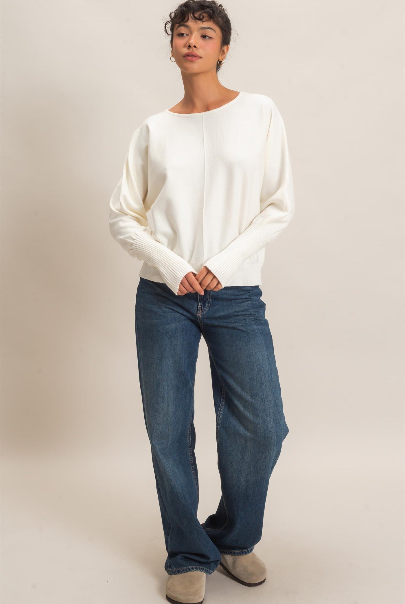 Wholesale Batwing Sleeve Center Seam Sweater Sweaters DZ26E079 CREAM DOUBLE ZERO