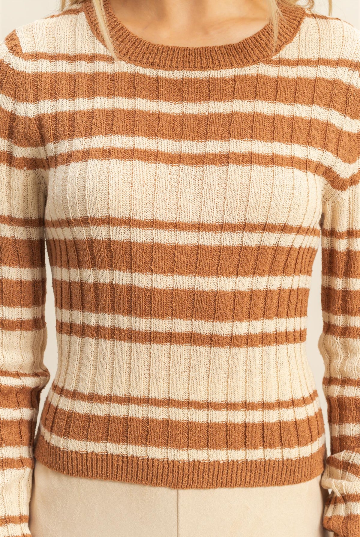 Wholesale Horizontal Striped Crew Neck Sweater Clothing Tops HF25E811 BROWN HYFVE
